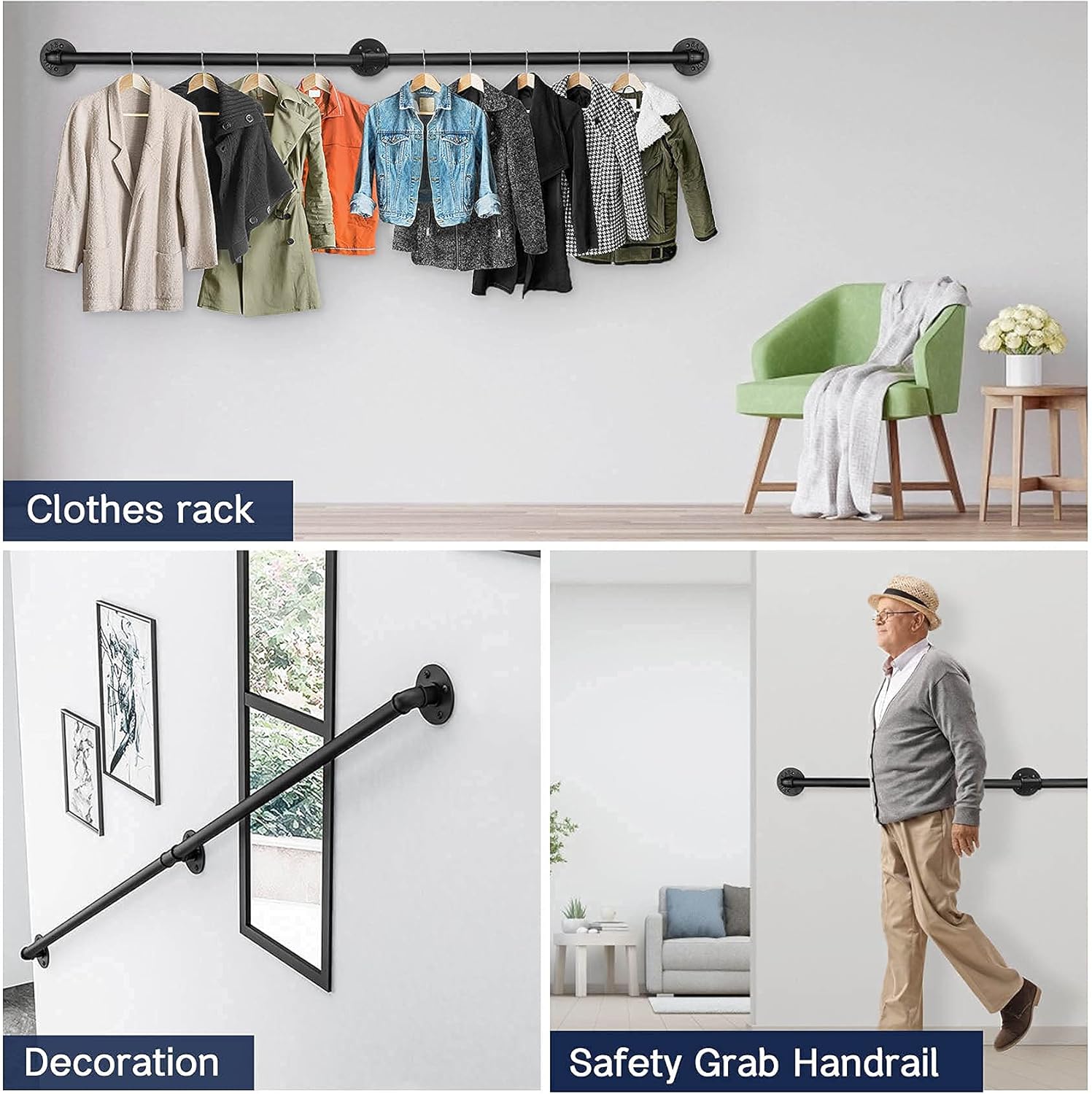 Seeutek Staircase Handrails 10FT Handrails for Indoor Stairs Stair Railing Hand Railings for Stairs Metal Railing Black Wrought Iron Pipe Handrail with Wall Mount Support Pack of 2