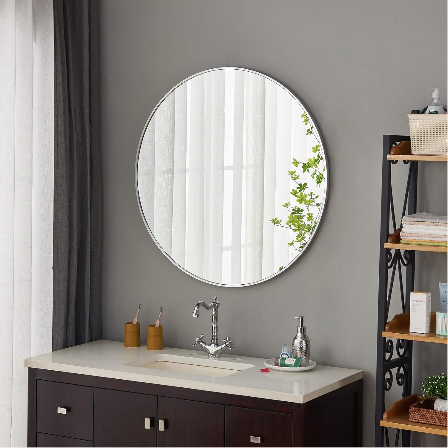 Villacola 36 Inches Round Wall Mirror, Decorative Brushed Aluminium Frame Circle Mirror for Bathroom, Entryway, Washroom, Living Room and More, Silver