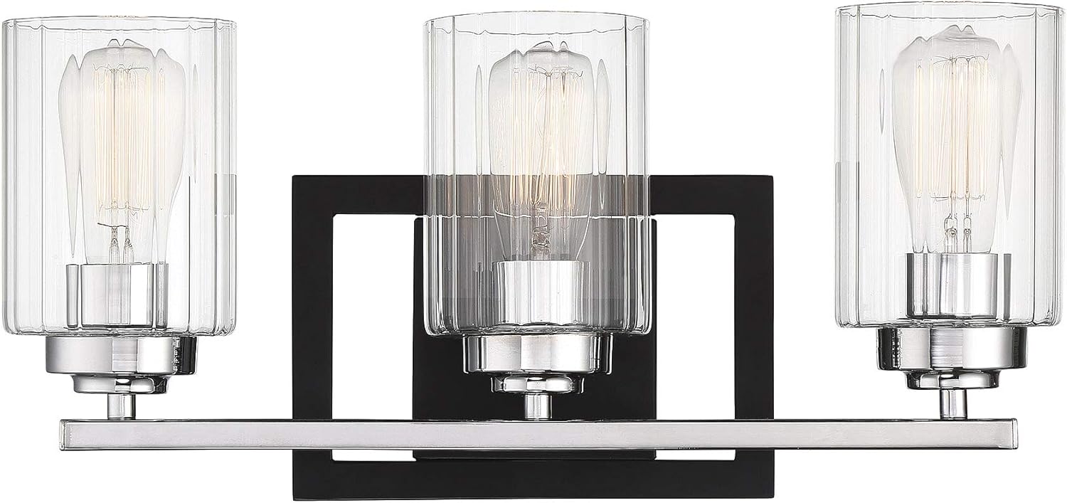 Savoy House 8-2154-3-67 Redmond 3-Light Bathroom Vanity Light in a Matte Black Finish and Polished Chrome Accents with Clear Ribbed Glass (20
