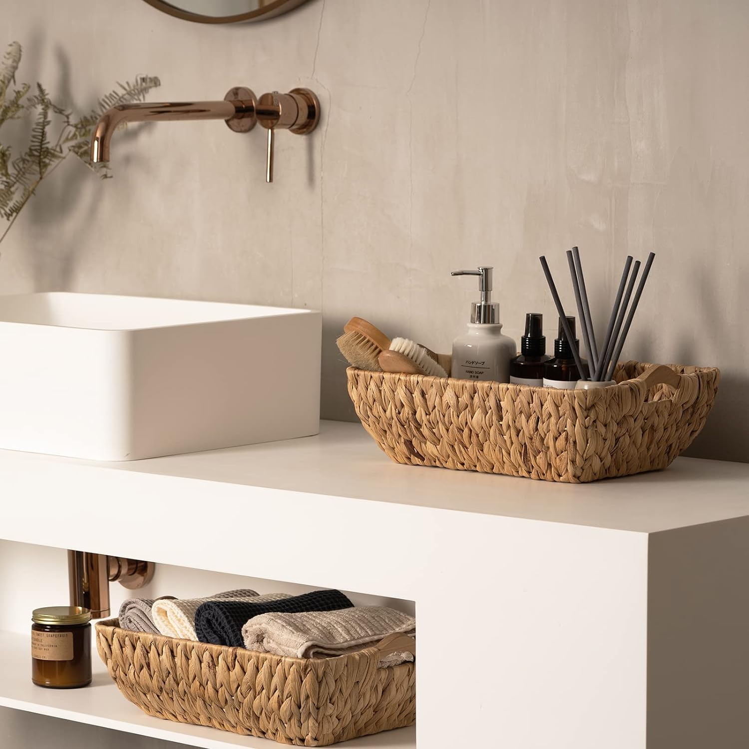 FairyHaus Wicker Baskets with Handles, Natural Wicker Basket for Organizing Shelves, Small Hand Woven Water Hyacinth Storage Baskets Set of 2, 14.96x10.04x5.12