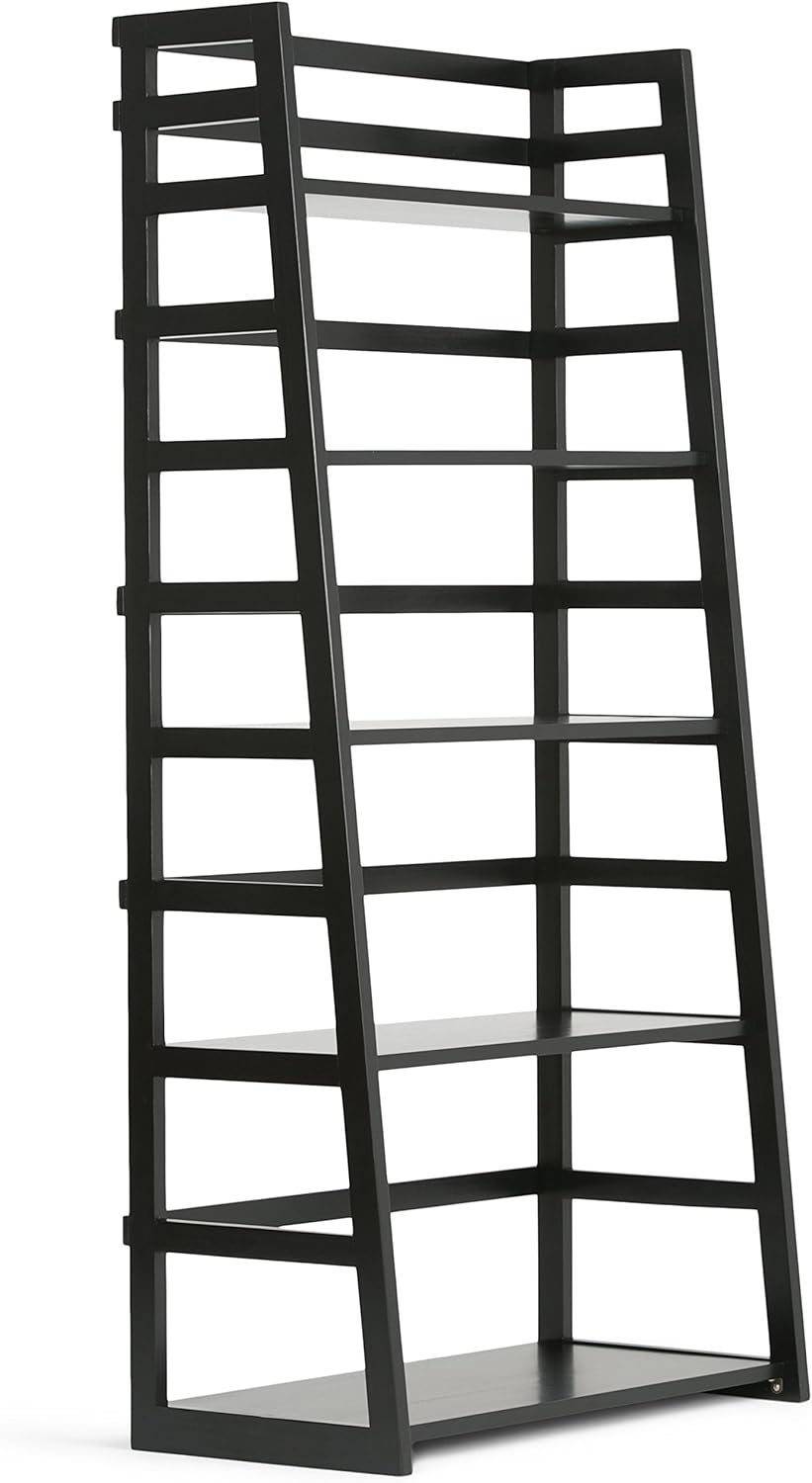 SIMPLIHOME Acadian SOLID WOOD 63 inch x 30 inch Rustic Ladder Shelf Bookcase in Black with 5 Shelves, for the Living Room, Study and Office