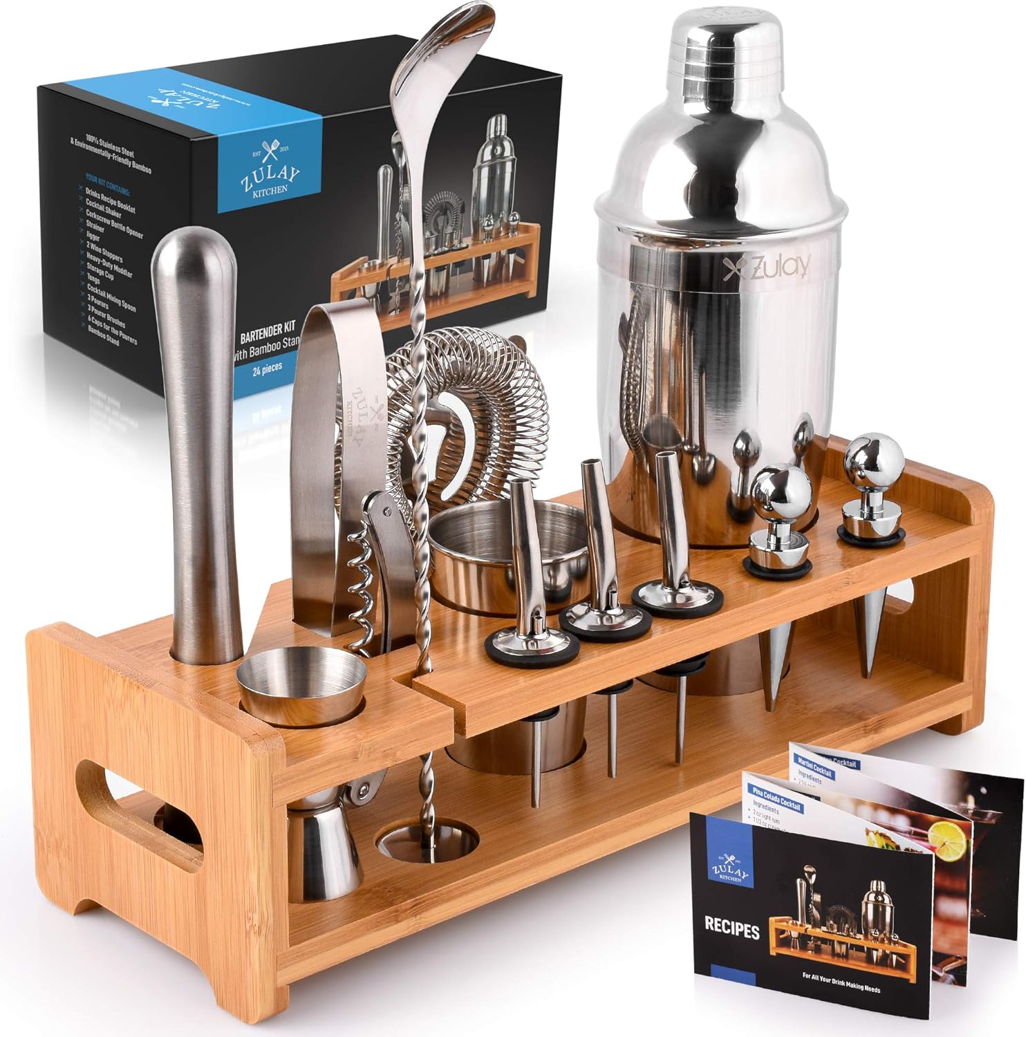 Zulay 24-Piece Bartender Kit - Stainless Steel Bar Set 24oz Cocktail Shaker Set With Accessories - Professional Bartender Set With Bamboo Stand & Recipe Booklet For Mixed Drinks Pack of 2