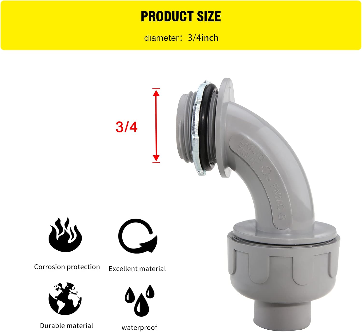 3/4 Inch Flexible Conduit Liquid Tight Connector Nonmetallic Liquid Tight 90° Conduit PVC Flexible Electrical Conduit Fittings UL Listed 10PACK Pack of 2