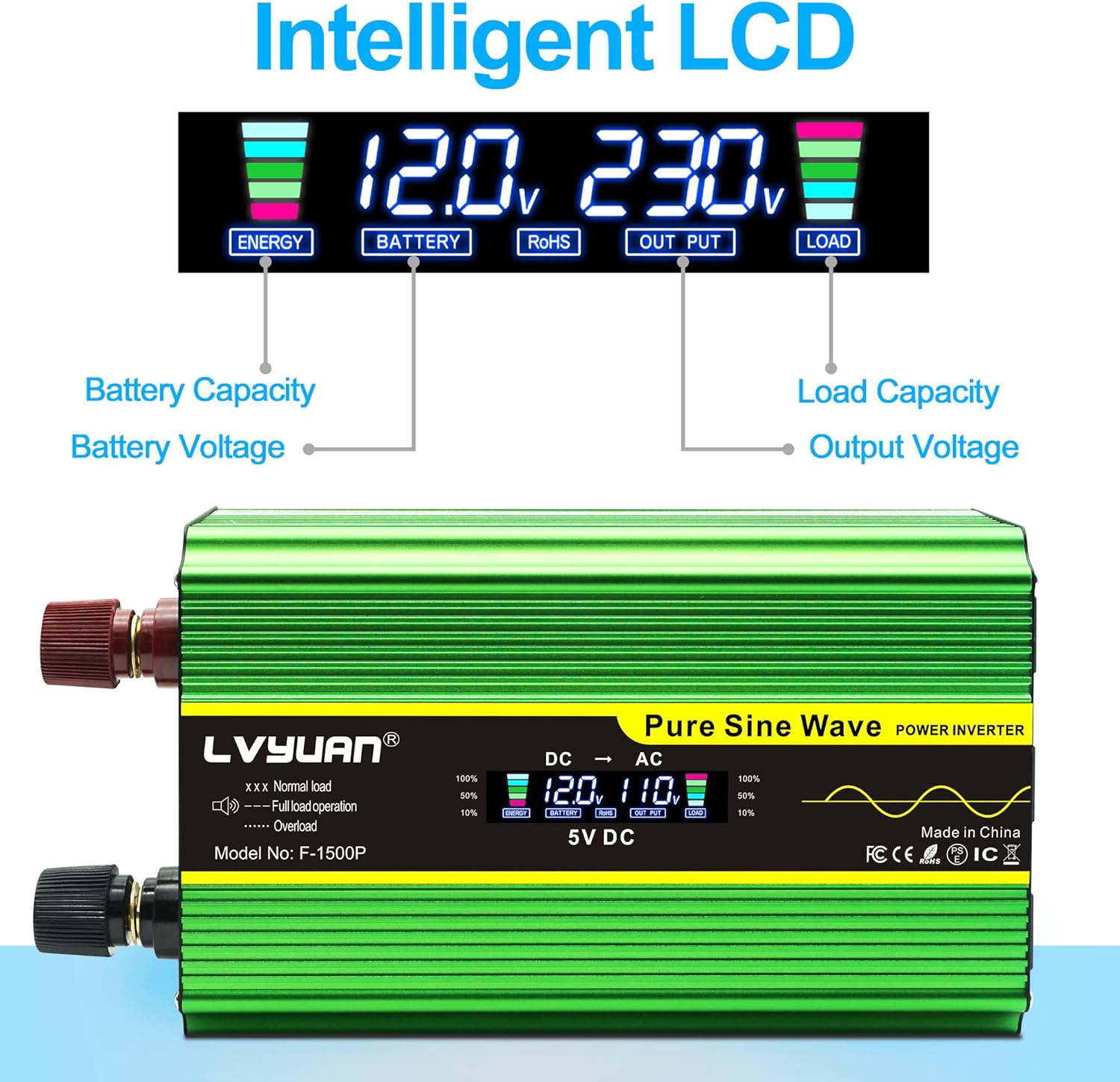 LVYUAN Pure Sine Wave Inverter 1600 Watts Inverter 12V to 110V DC to AC with Remote Controller, LCD Display 4 AC Sockets and 4 USB Ports for Car Truck Solar Power (PSW1600W-GREEN)