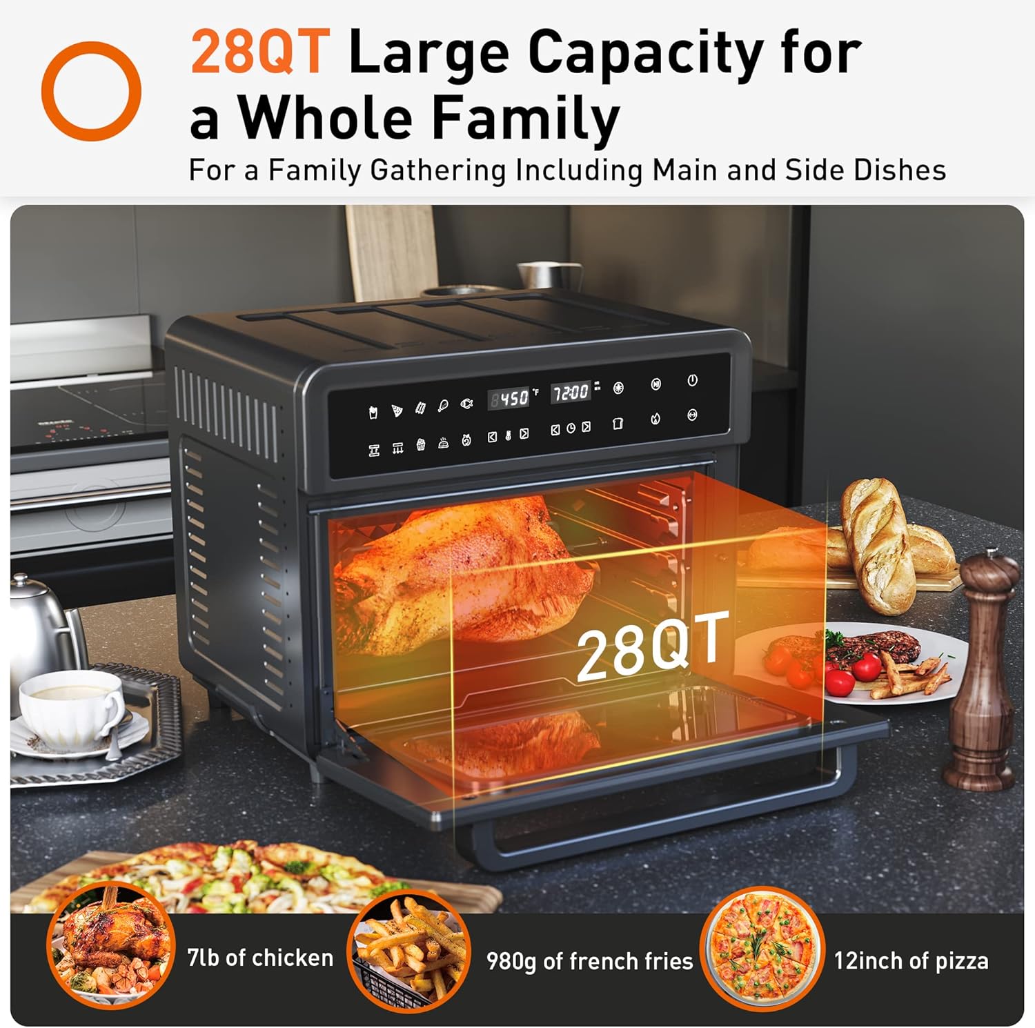 JOYOUNG Air Fryer Toaster Oven 28Qt Convection Oven for Less Oil 13 Preset Functions Air Fryer Oven LED Digital Touch Screen Countertop Oven with Wide Temp Range, Free Recipes, 1800W, Black
