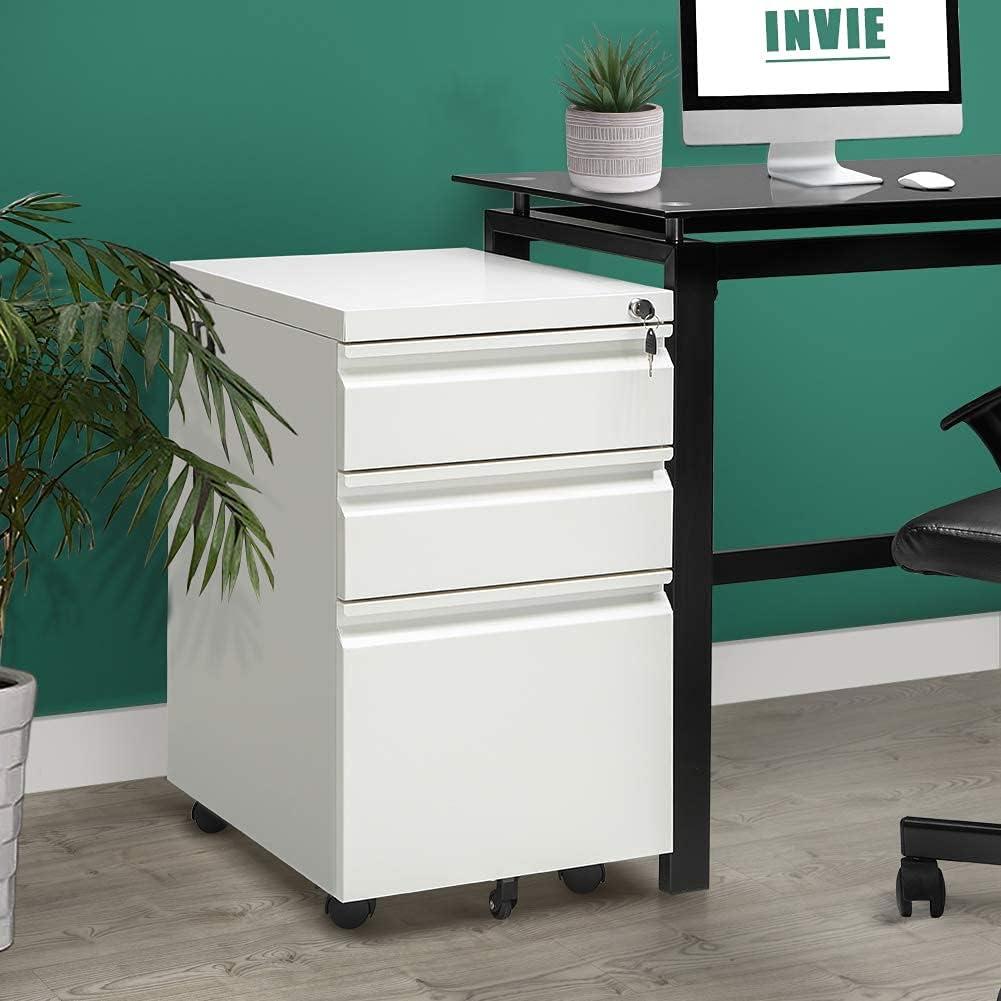 INVIE 3 Drawer File Cabinet with Lock, Metal Vertical Filing Cabinet Under Desk for Legal Letter File Anti-tilt Design Office Rolling File Cabinet(Black A)…