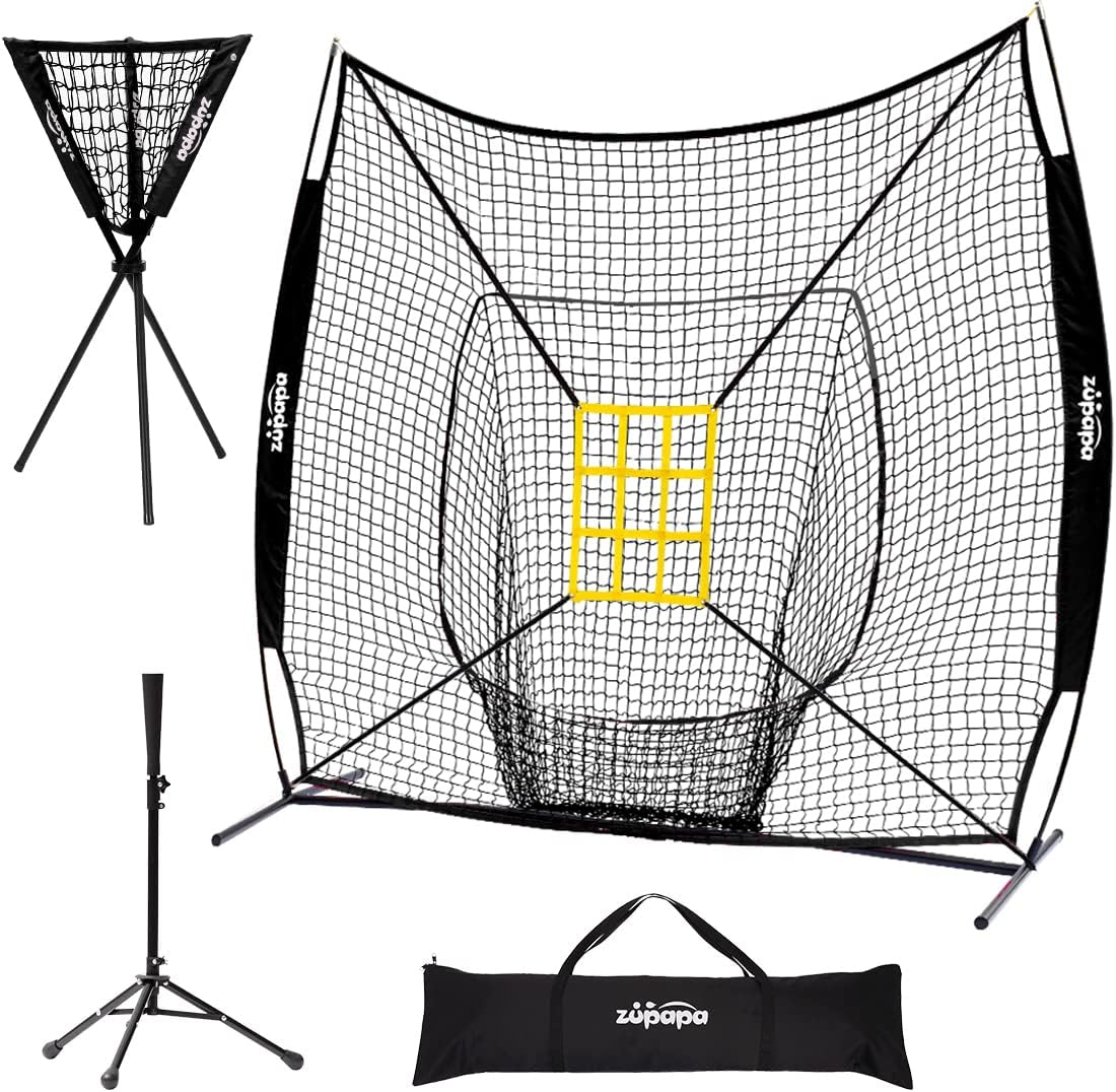 Zupapa 7x7 Feet Baseball Softball Hitting Pitching Net Tee Caddy Set with Strike Zone, Baseball Backstop Practice Net for Pitching Batting Catching for All Skill Levels
