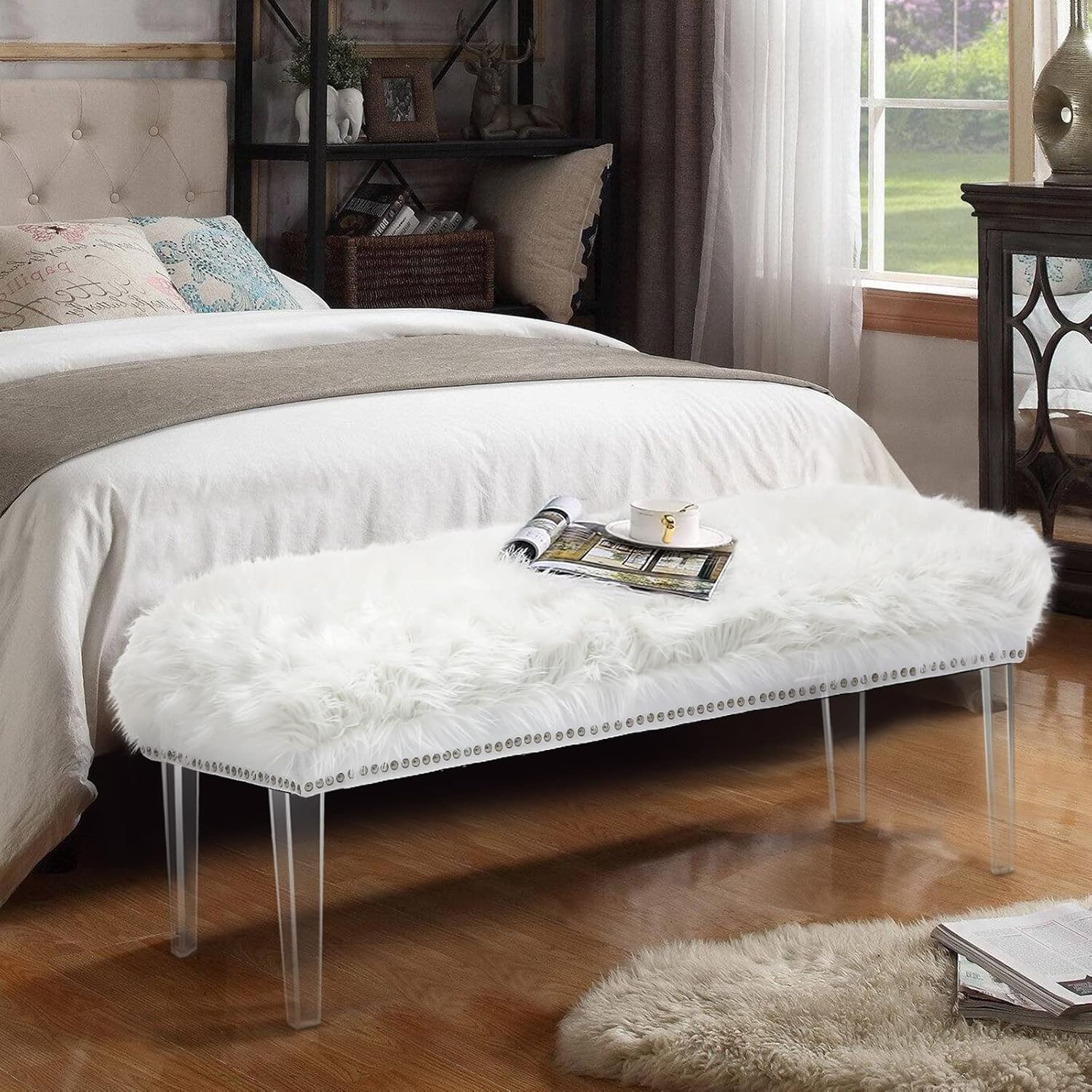 White Faux Fur Ottoman Bench for Bedroom, Rectangular Plush Foot Stool with Acrylic Legs