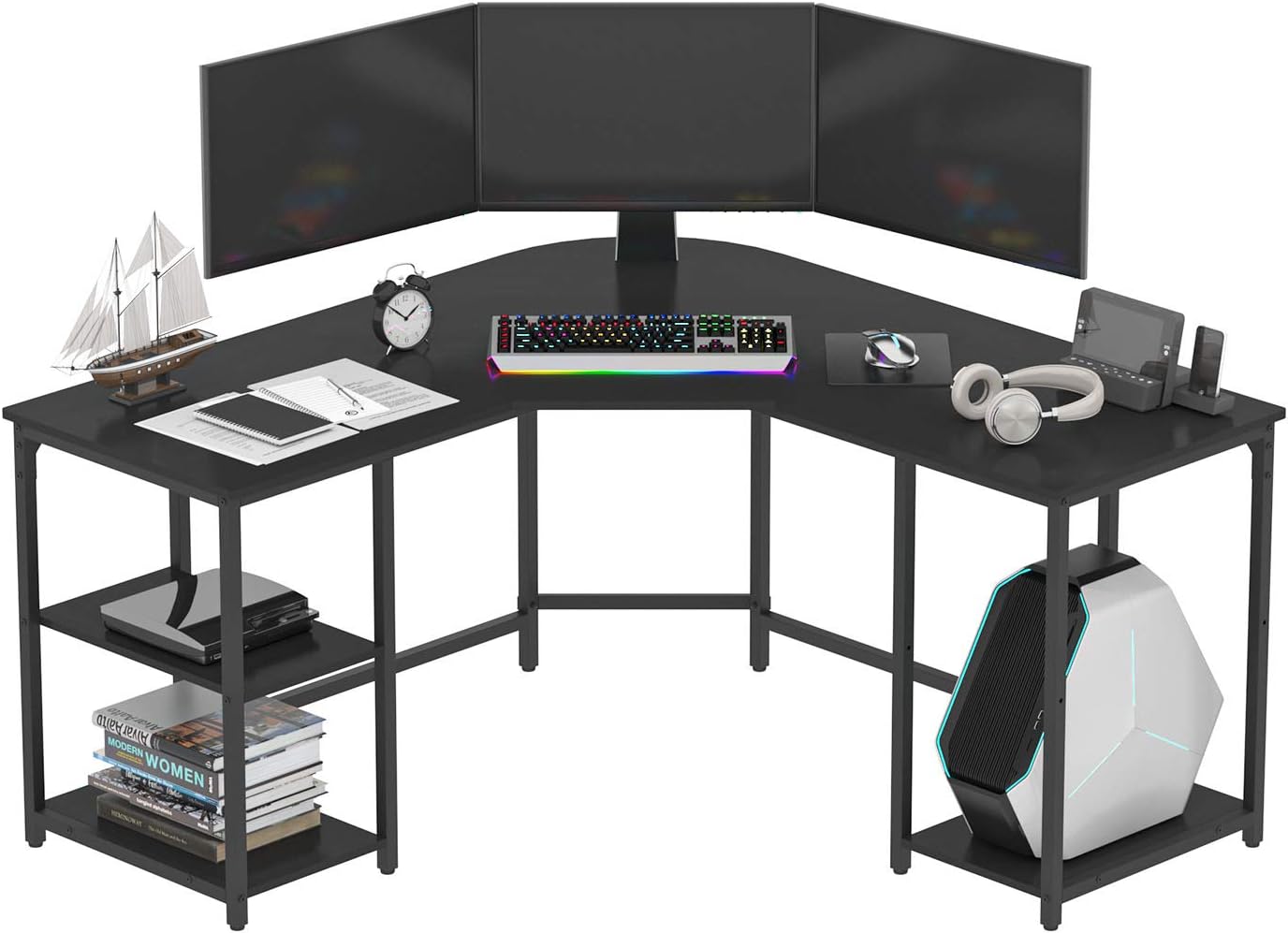 Earthsign L-Shaped Home Office Desk with Four Shelves Storage, Spacious Corner Computer Desk for Working from Home, Workstation, Gaming, 56.96 Inch, Round Corner, with Wood Top