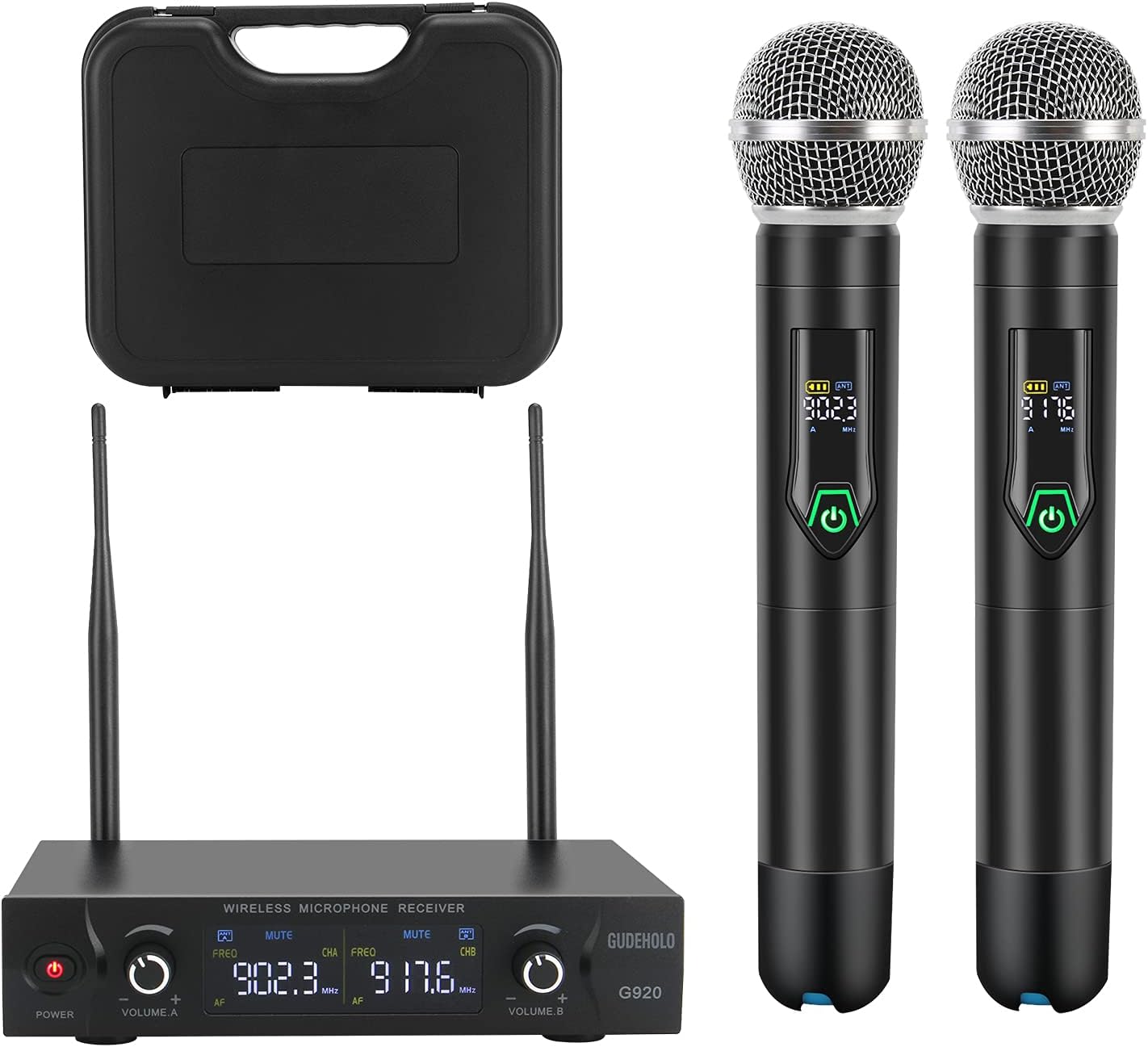 GUDEHOLO Wireless Microphone System with case, Metal UHF Dual Handheld 20 Channels Professional Cordless Mic System for Church, DJ, Karaoke,Wedding, Home KTV Set (Black)