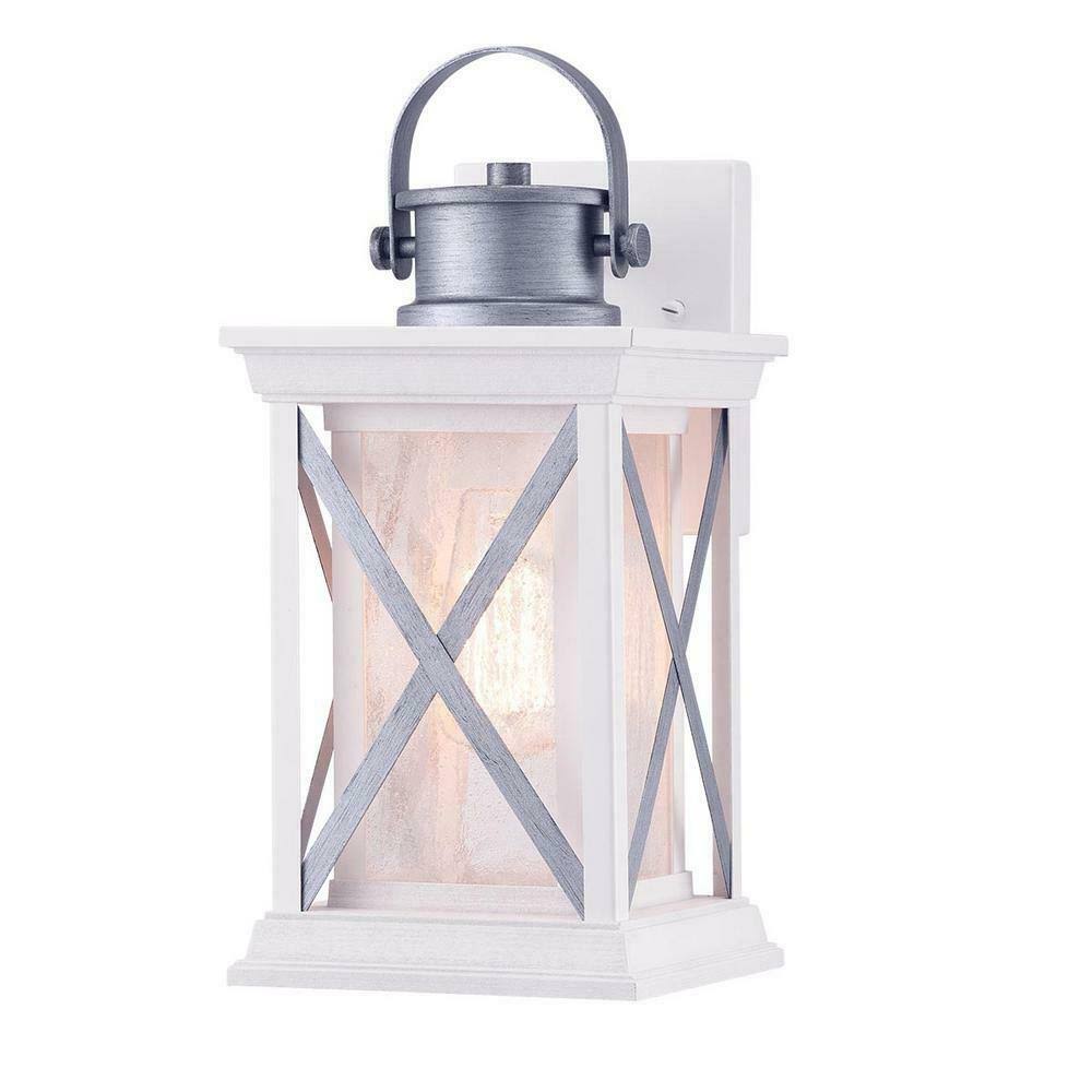 Progress Lighting Pendleton 1-Light Satin White 13.1 in. Outdoor Wall Lantern Sconce with Antique Silver Accents