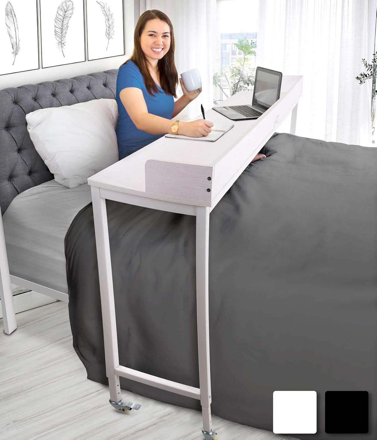 Joy Overbed Table with Wheels for Full/Queen Beds | Height Adjustable Rolling Bed Desk | Mobile Multi-Functional Table | Great for Bedroom, Dining Room, Living Room (Height: 40
