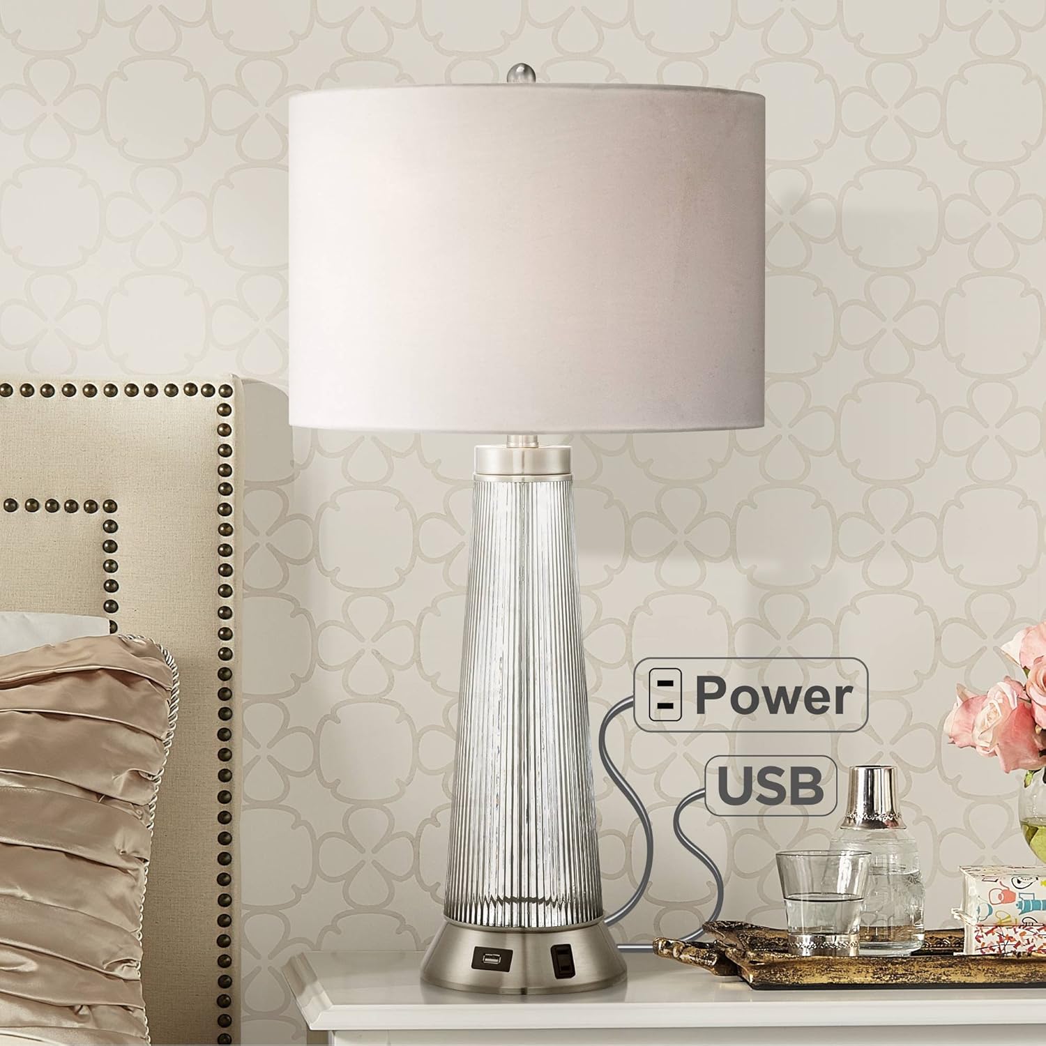 Hamish Modern Contemporary Table Lamp with USB and AC Power Outlet in Base Ribbed Glass White Drum Shade for Living Room Bedroom House Bedside Nightstand Home Office Family - Possini Euro Design