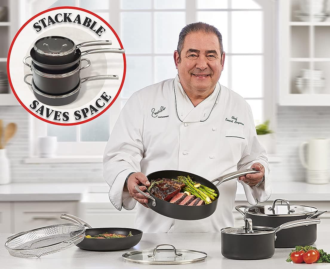 Emeril Everyday Forever Pans Hard-Anodized Cookware, 10-Piece Pots and Pans Set Nonstick with Utensils, Induction Compatible by Emeril Lagasse, Black 10 Piece Set