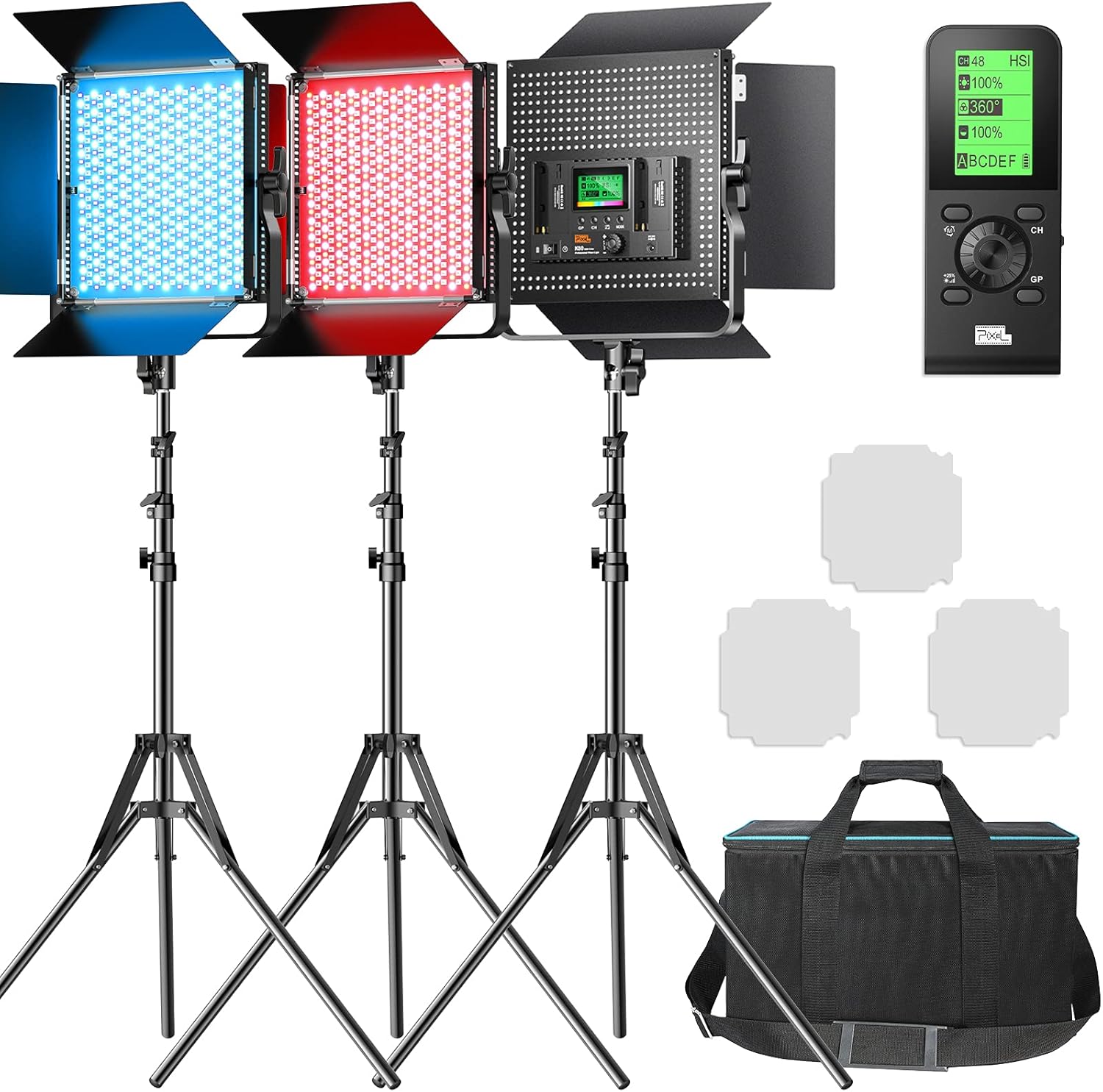 Pixel RGB Led Video Light with Remote Control, 3 Packs Pro Video Lighting Kit with Barn Door, 360° Full Color, 2600k-10000k, CRI 97 + for Photography, Portrait, Video Recording, Broadcasting, YouTube
