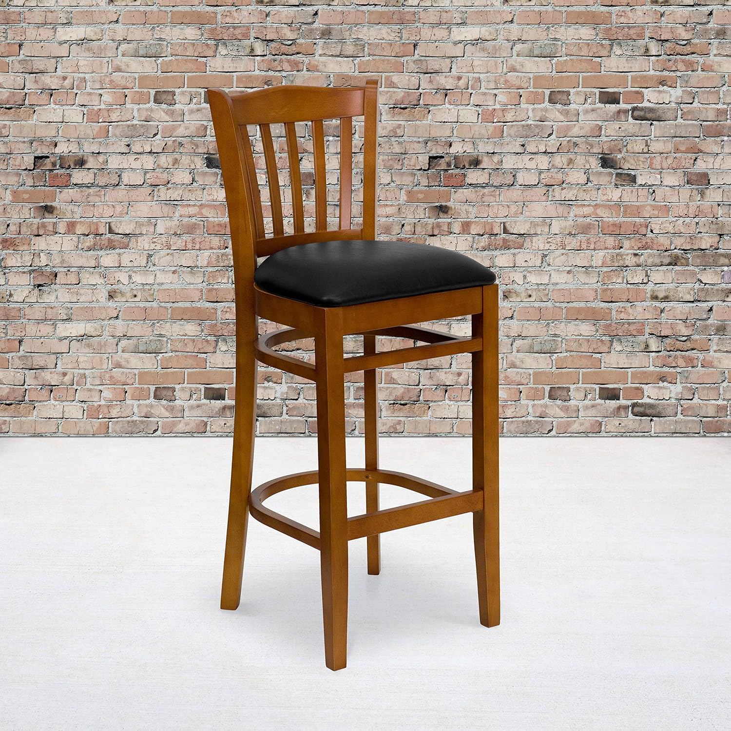 Flash Furniture HERCULES Series Vertical Slat Back Cherry Wood Restaurant Barstool - Black Vinyl Seat