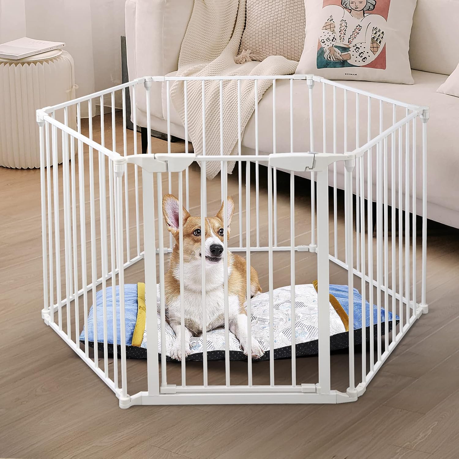 JAXPETY 132-Inch Wide Configurable Pet Gate, Guard Adjustable 6-Panel Metal Play Yard, Fireplace Safety Fence Gate for Toddler, Pet, Dog, Christmas Tree, White