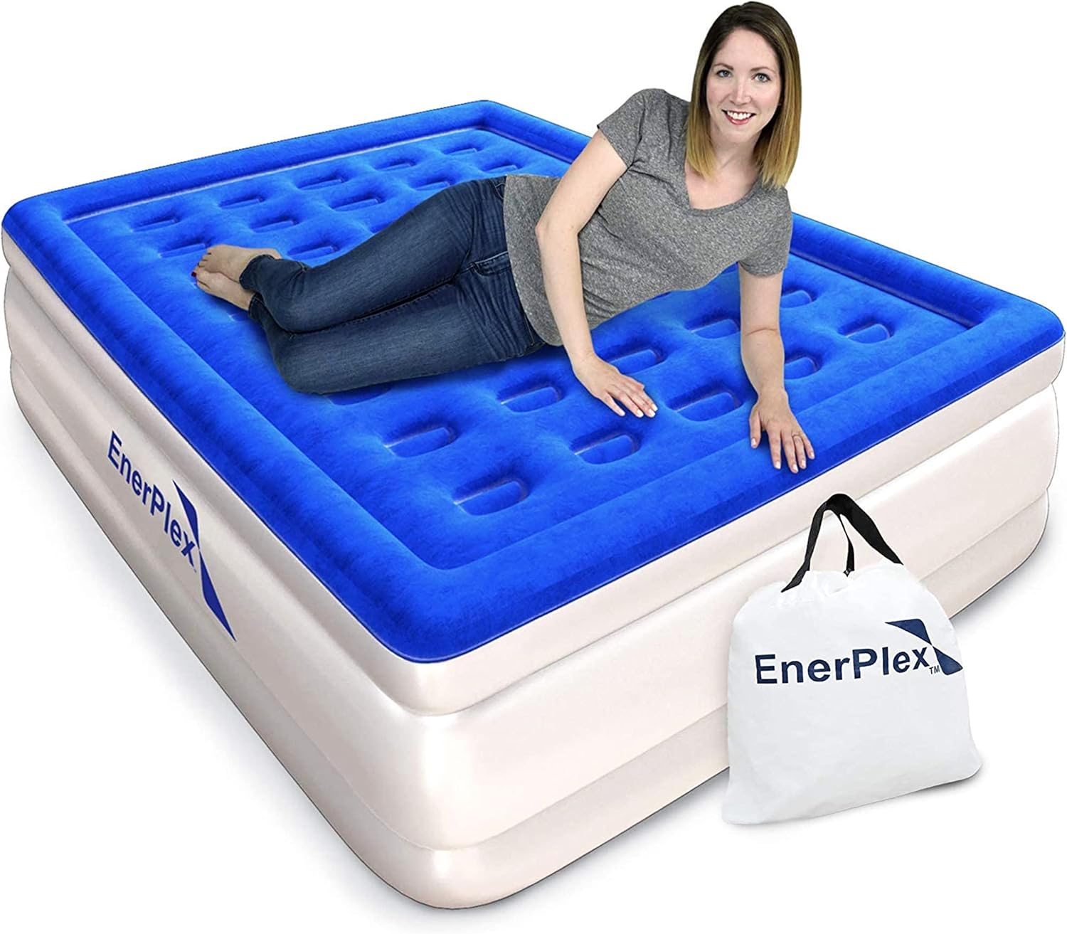 EnerPlex Queen Air Mattress for Camping, Home & Travel - 16 Inch Double Height Inflatable Bed with Built-in Dual Pump - Durable, Adjustable Blow Up Mattress - Easy to Inflate/Quick Set Up Pack of 2