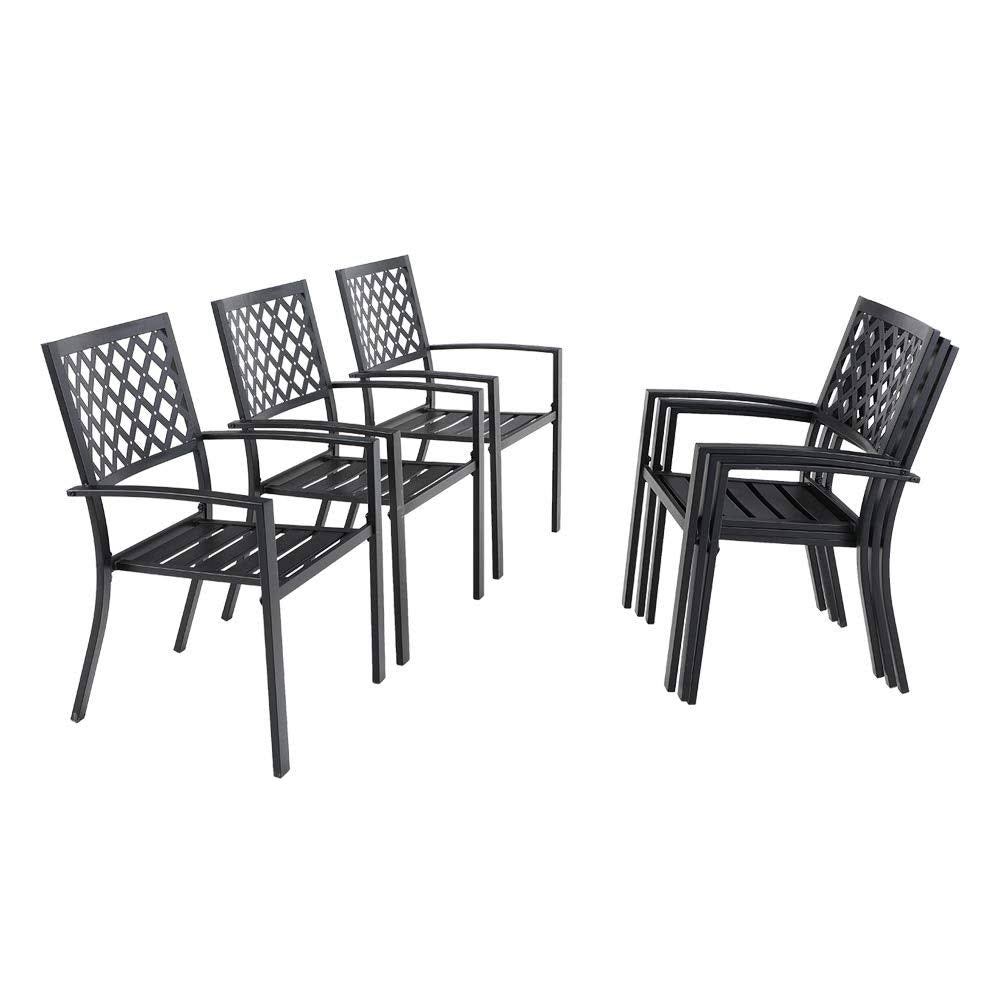 Phi Villa 6 Piece Black Metal Outdoor Furniture Patio Steel Frame Slat Seat Dining Arm Chairs - TypeA