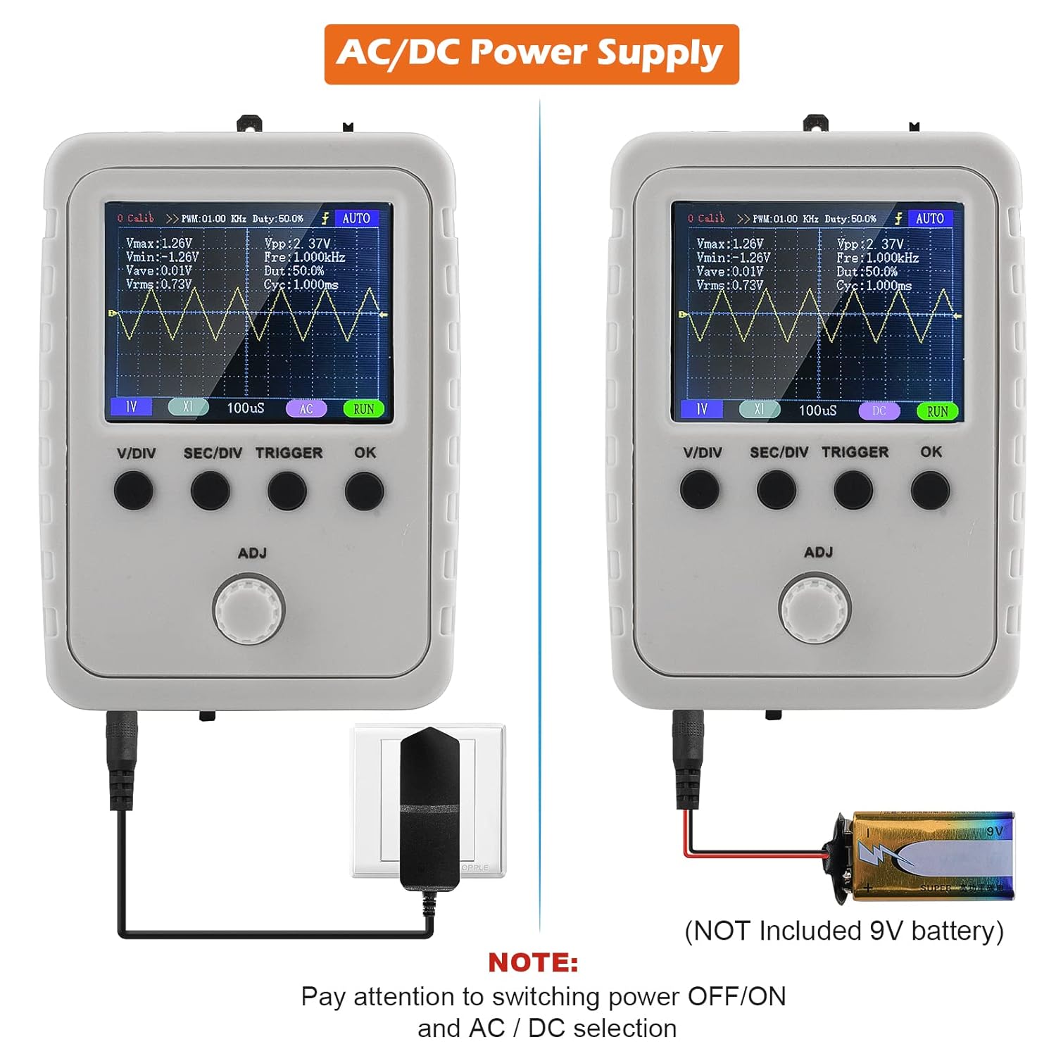 Digital Oscilloscope Kit,Aideepen Handheld oscilloscopes with DC/AC Power Supply and BNC-Clip Cable Probe
