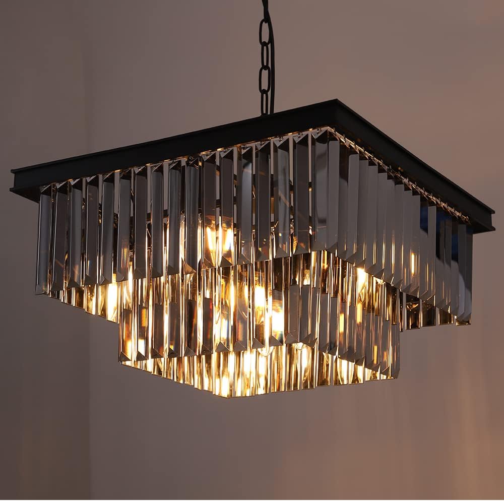 Wellmet Modern Smoke Crystal Chandelier, 9 Lights Square Black Farmhouse Chandeliers with K9 Crystals, Pendant Light Fixture for Foyer Dining Room Bathroom Bedroom Livingroom Kitchen Island W19.68&rdquo;