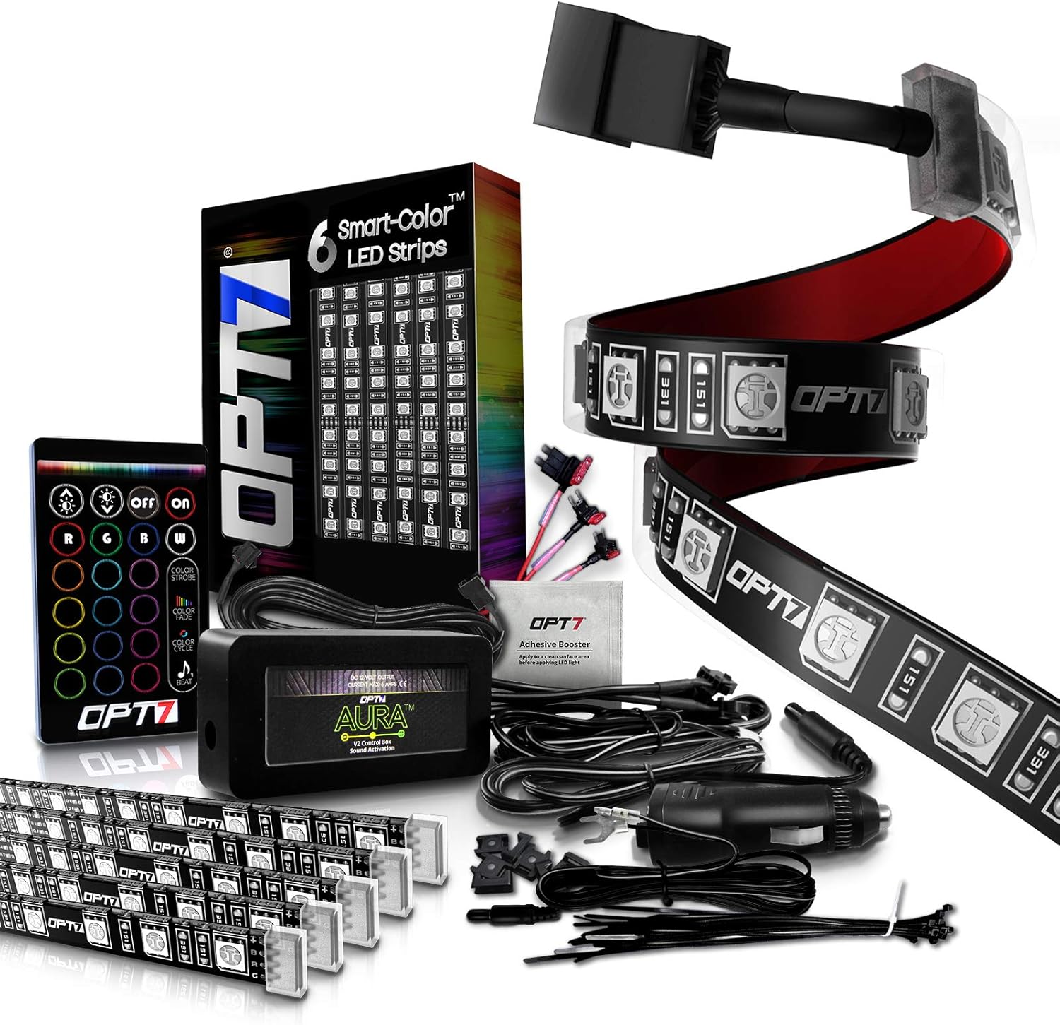 OPT7 Aura Interior Car Lights LED Strip Kit-16+ Smart-Color, Soundsync, Door Assist, Show Patterns, and Remote-Accent Underdash Footwell Floor, 4pc Single Row Pack of 2