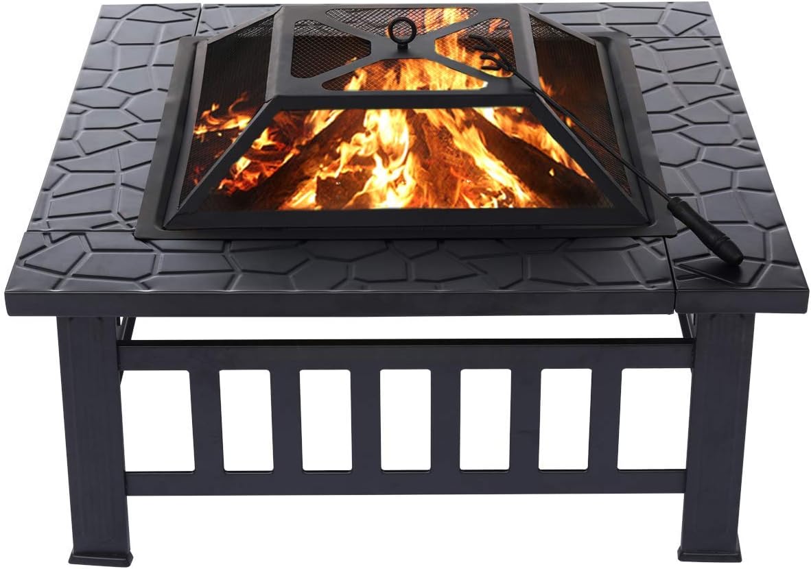 SINGLYFIRE 32 Inch Fire Pit Table for Outside Square Metal Firepit Outdoor Wood Burning Large Steel Bonfire Pit for Patio Backyard Garden with Waterproof Cover,Spark Screen,Log Grate,Poker