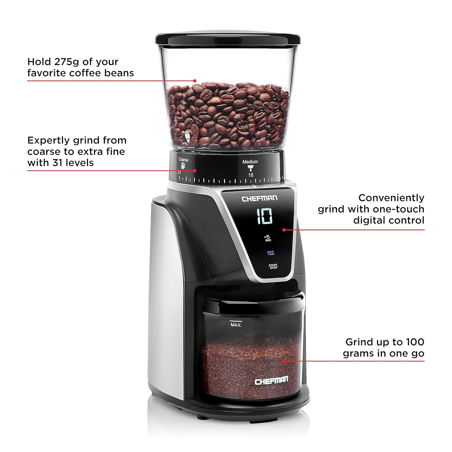 Chefman Conical Burr Coffee Grinder, Create The Boldest & Most Flavorful Grind With 31 Settings From Coarse To Extra Fine, One-Touch Digital Control & 9.7-oz Bean Capacity