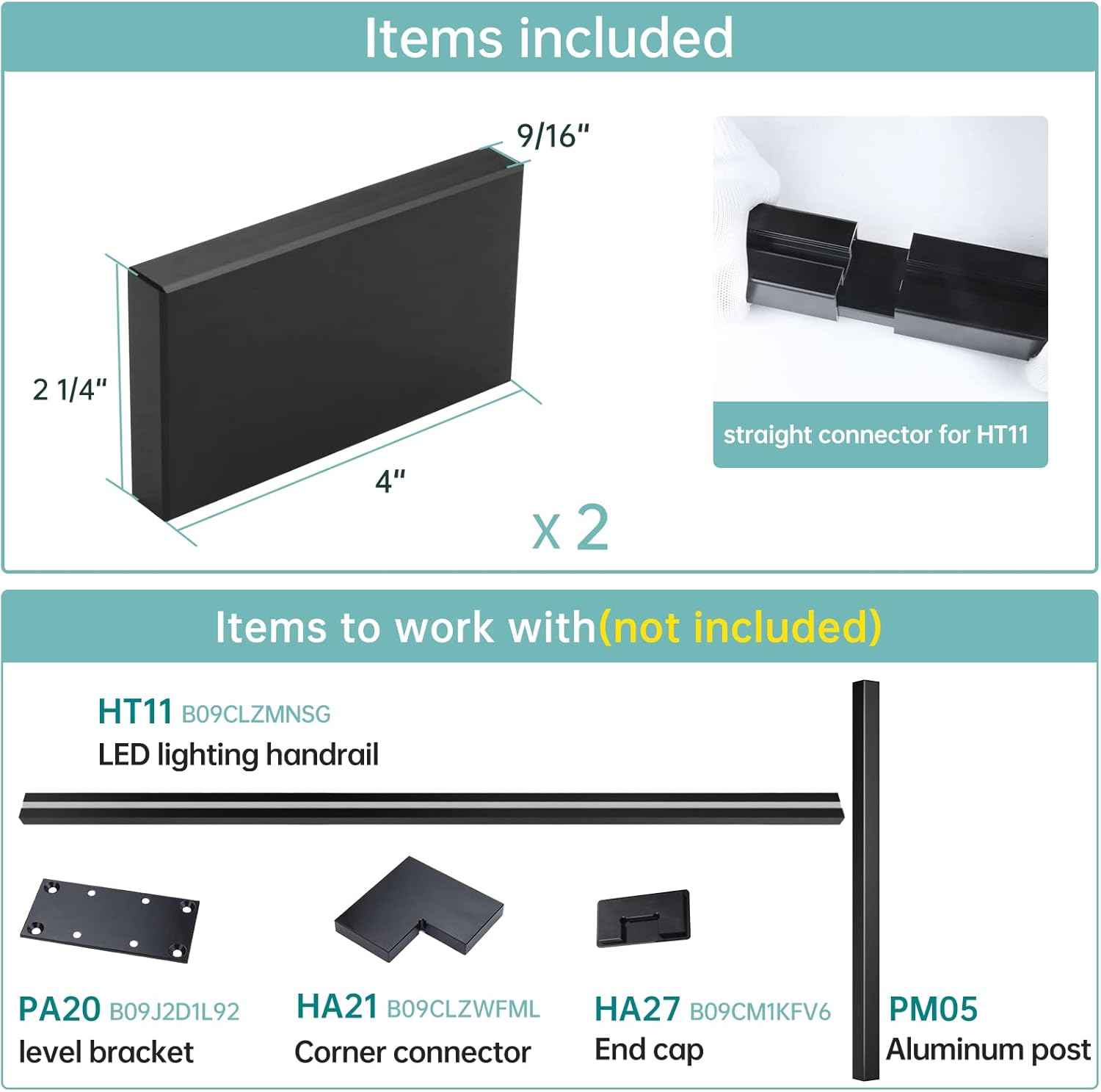 Muzata 2Pack Handrail Extension Connector for Rectangle Lighted Handrail Muzata HT11 Nightscape for Stair Corner Weldless High Strength POM Black Internal Spline HA20 BNP, HC1 HR0