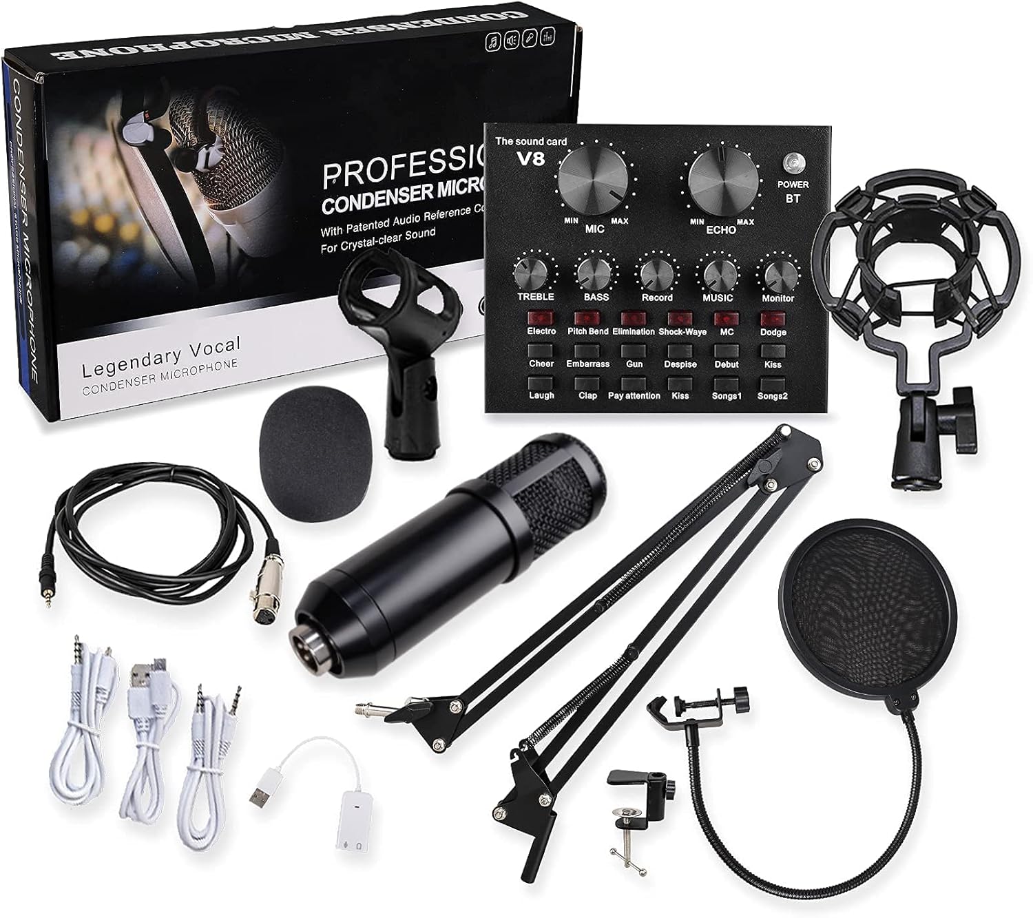 Podcast Equipment Bundle Condenser Microphone Kit with Two Live Sound Card,Adjustable Mic Suspension Scissor Arm, Metal Shock Mount and Double-Layer Pop Filter for Studio Recording & Broadcasting Pack of 2