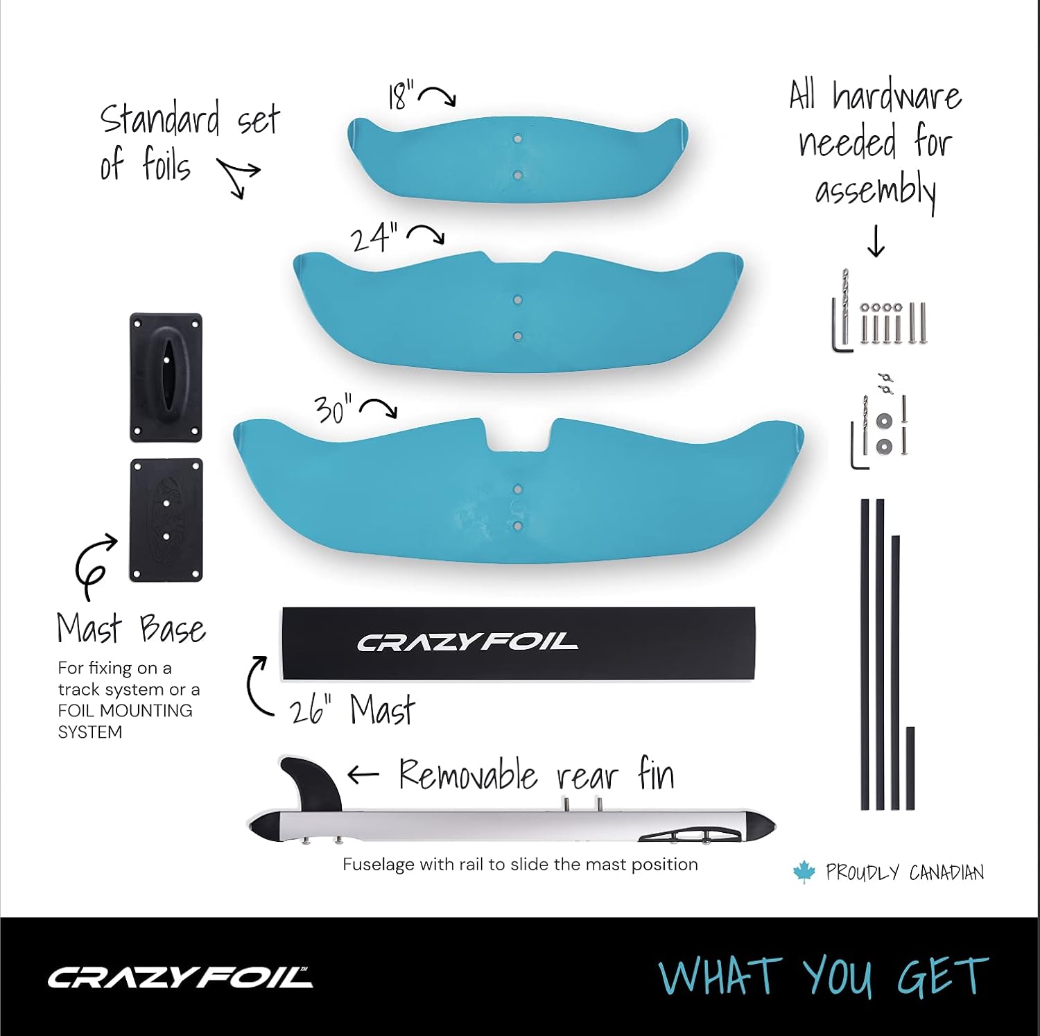 Crazy Foil Jet Slide Hydrofoil, Made for NO Track System Boards, Versatile & Easy to Assemble Hydrofoil. Best for Kite, surf and Behind The Boat Watersports. Includes a 26 in mast.