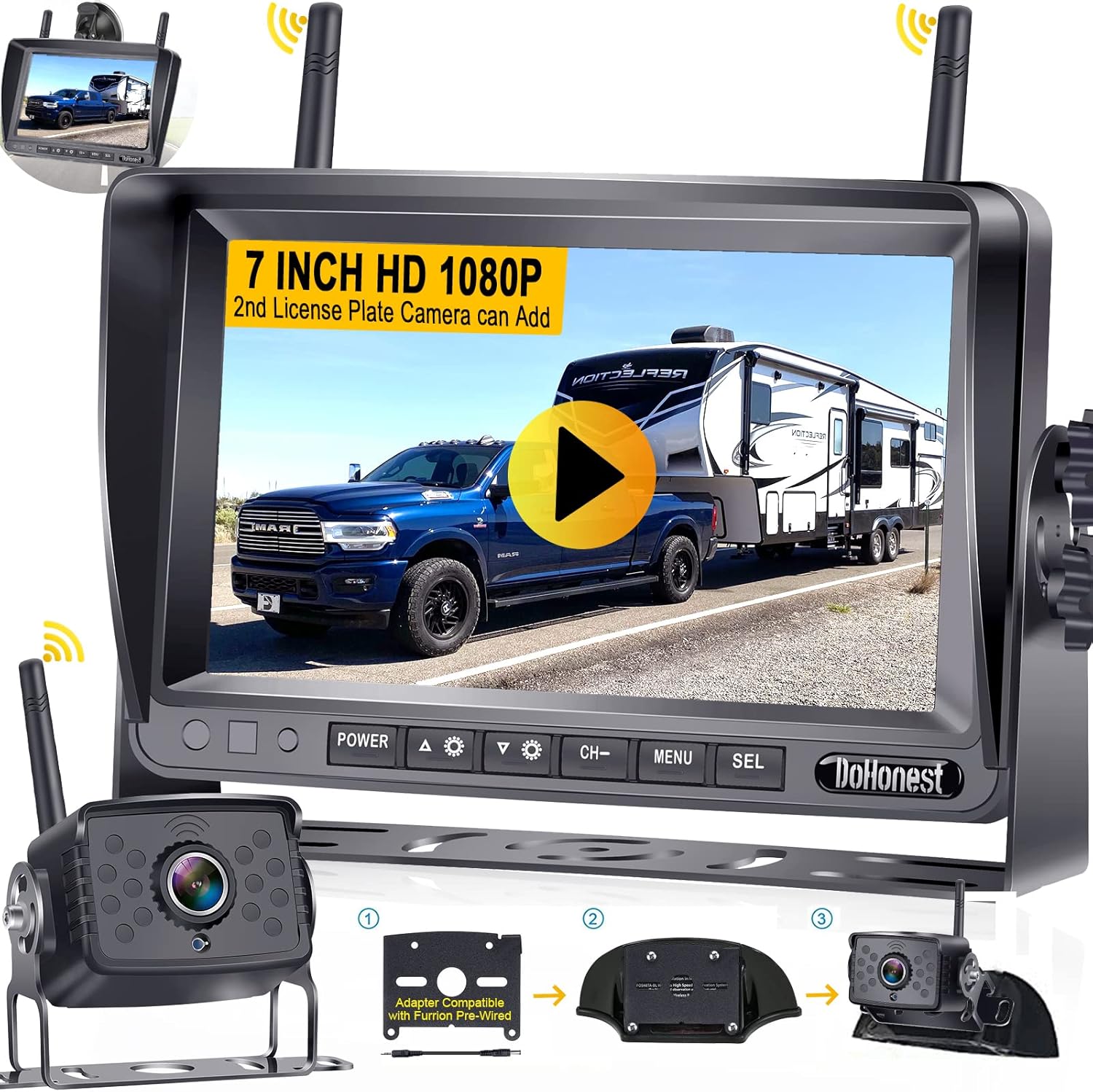 Wireless Backup Camera HD 1080P with 7 Inch DVR Monitor for RV Trailer Truck Camper, DoHonest 14 Infrared Night Vision High-Speed Rear View Observation System with Adapter for Furrion Pre-Wired RV-S19