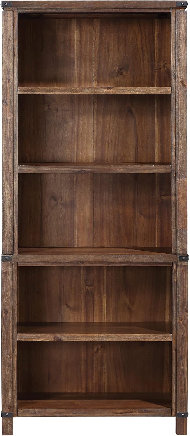 OSP Designs Baton Rouge Rustic 72 Inch Bookcase with Metal Accents and Adjustable Shelves, Brushed Walnut