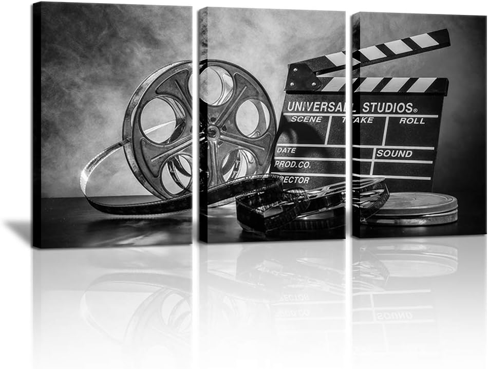 3 Piece Black and White Canvas Wall Painting Movie Clapper Board Poster Print Filmmaking Pictures Vintage Home Movie Theater Media Room Bar Pub House Decoration Easy to Hang 16