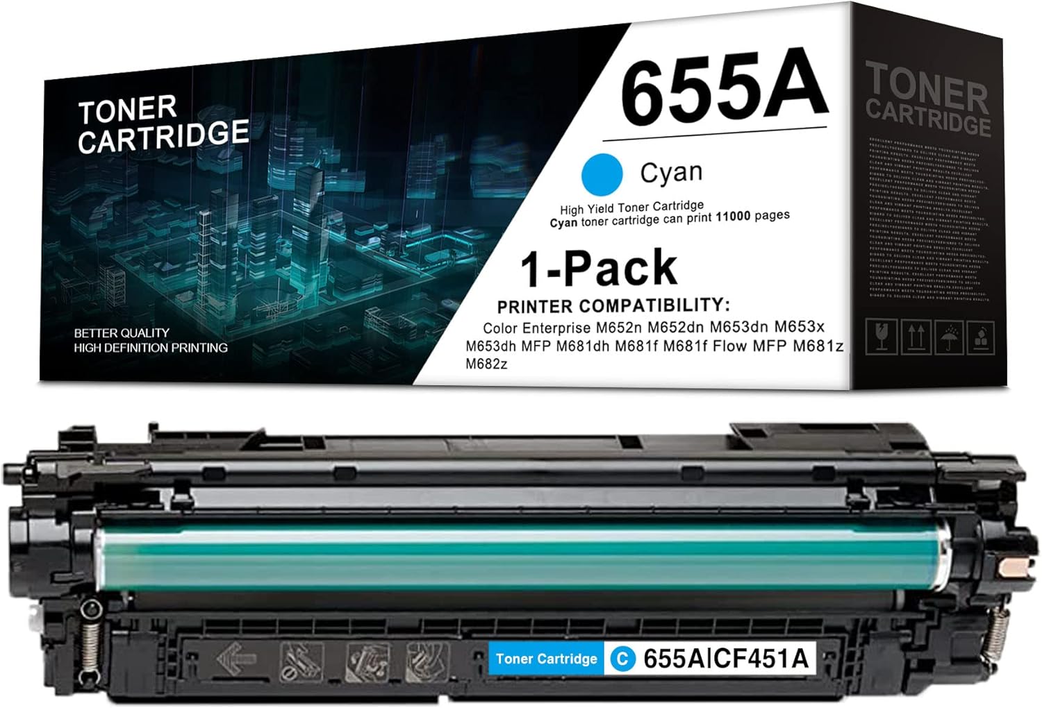 1 Pack Cyan 655A | CF451A Toner Cartridge Replacement for HP Color Enterprise M652n M652dn M653dn M653x M653dh MFP M681dh M681f Flow MFP M681f M681z M682z -by Leadyink