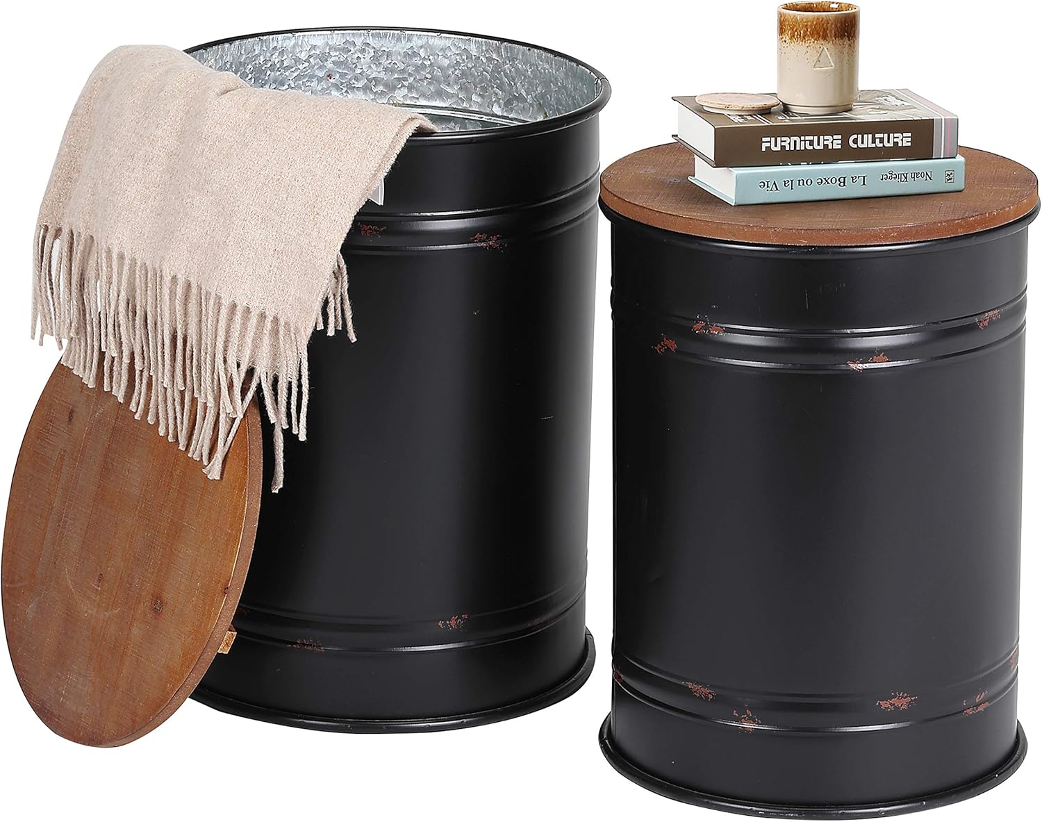 Rustic Storage Ottoman Seat Stool, Farmhouse Accent Side Table, Antique Galvanized Metal End Table Box Bin with Round Wooden Lid Set of 2 (Galvanized)