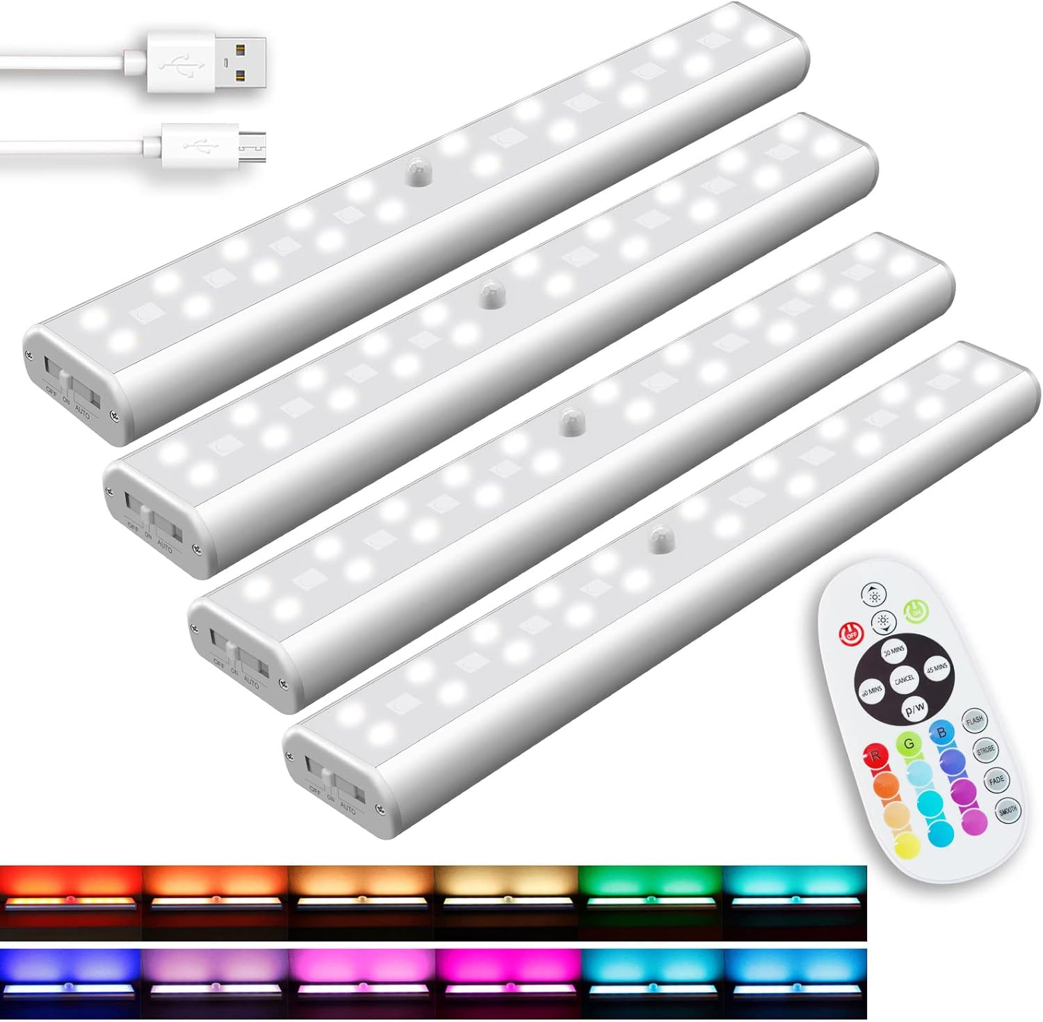 SZOKLED Under Cabinet Lights Rechargeable, Wireless 48-LED Lights Remote Control, Kitchen Counter Lighting Closet Light RGB Bar Perfect for Indoor Shelf Hallway 4 Pack, 15 Color Changing Pack of 2