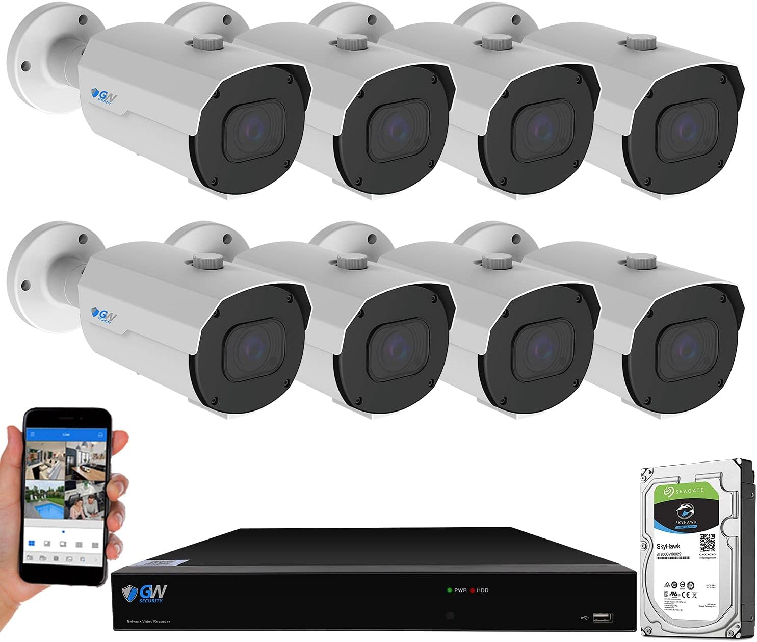 GW 4K (3840x2160 @30fps Real-time) 5X Optical Motorized Zoom Outdoor 8MP Bullet PoE IP 8 Channel Security Camera System, 130FT Night Vision, AI Facial Recognition/Human/Vehicle Detection (8 Cameras)