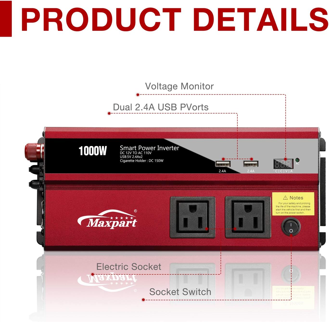 Maxpart 1000W Power Inverters, Modified Sine Wave 1000W Inverter 12v to 110v AC Converter with Dual AC Outlets 2.4A USB Inverter and Dual 12V Car Cigarette Lighter for Truck/RV Power Converter Car Pack of 2