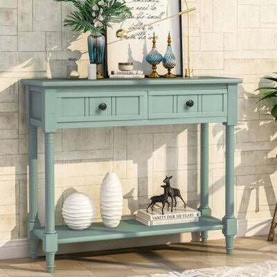 Console Table Traditional Design with Two Drawers and Bottom Shelf Acacia Mangium(Espresso) Darby Home Co Color: Antique Blue