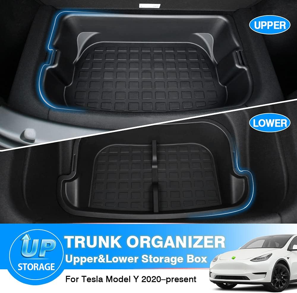 T TGBROS Custom Fit for Trunk Organizer 2021 Tesla Model Y 2022 2020 Accessories Frunk Storage Organizer Tray Upper & Lower Rear Storage Boxes Trunk Mat Storage Box Waterproof
