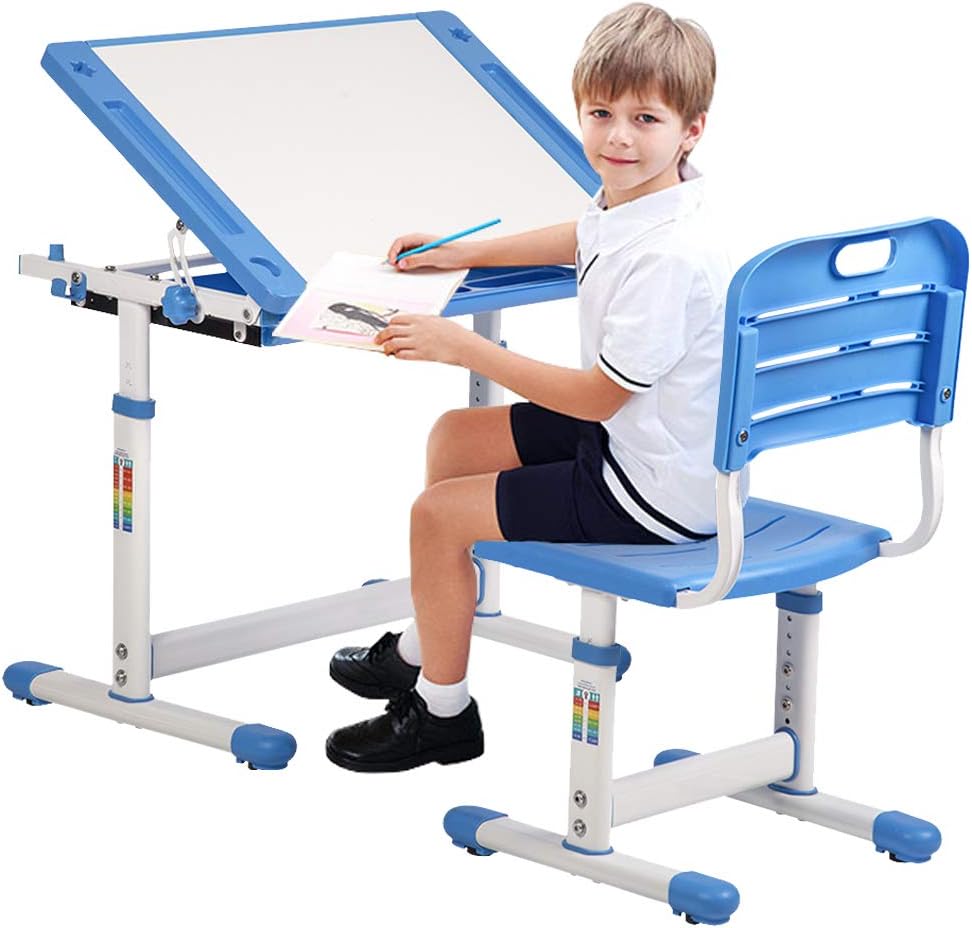 Kids Desk and Chair Set Height Adjustable Ergonomic Children Sturdy Table with Drawer Storage Childs Study School Desk Interactive Workstation Kids Art Writing Desk Furniture for Girls Boys