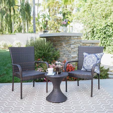 Newman Outdoor 3 Piece Wicker Chat Set with Stacking Chairs and Hourglass Side Table, Multibrown