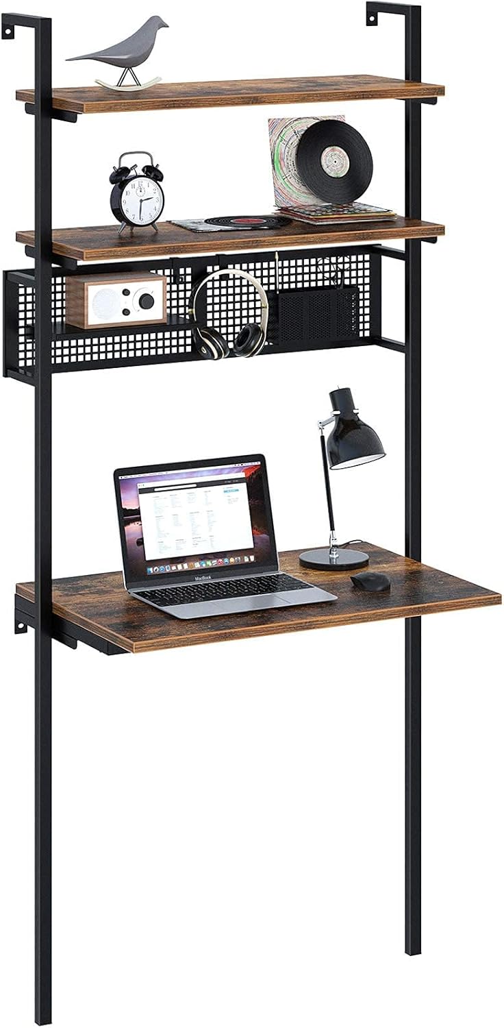 Rolanstar Computer Desk with Shelves, Wall Mounted Desk with Storage Shelf, Industrial Ladder Desk, 3 Tiers Leaning Desk for Small Space, Floating Writing Desk for Home Office, Black