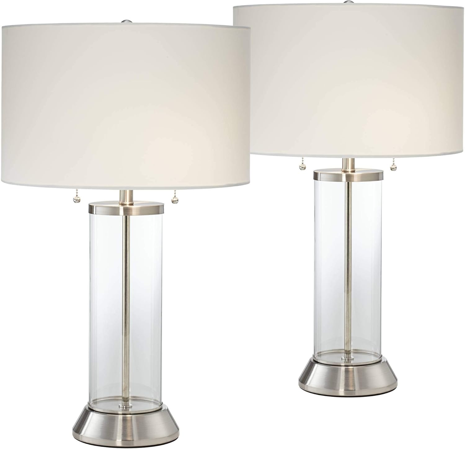 Fritz Coastal Table Lamp with USB and AC Power Outlet in Base Silver Clear Glass Column Drum Shade Decor for Living Room Bedroom House Bedside Nightstand Home Office Family - Possini Euro Design