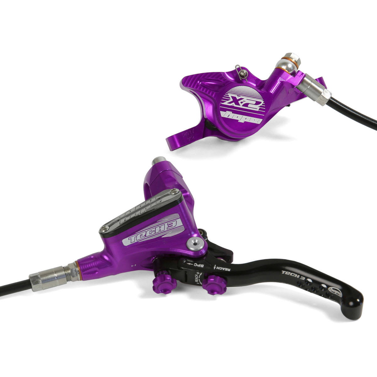 Hope Tech 3 X2 Brake - No Rotor 2019 - Front Right Black Hose - Purple