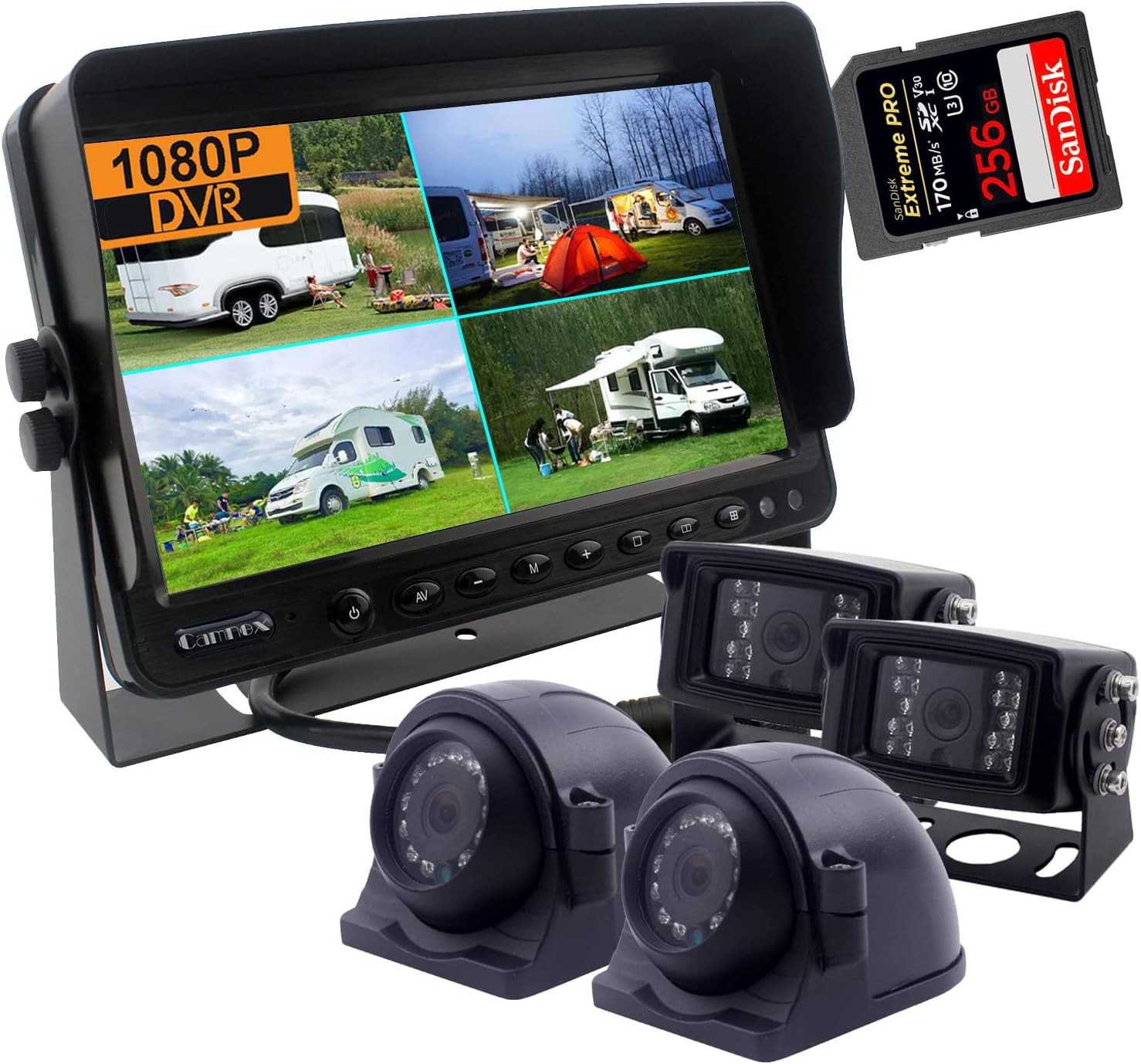 Camnex 7 Inch Screen 1080P HD Backup Camera System, Build-in HD DVR Recorder, Quad Split Screen, Rear View Monitor + 2X Backup Cameras + 2X Side Backup for Truck Trailer RV Camping