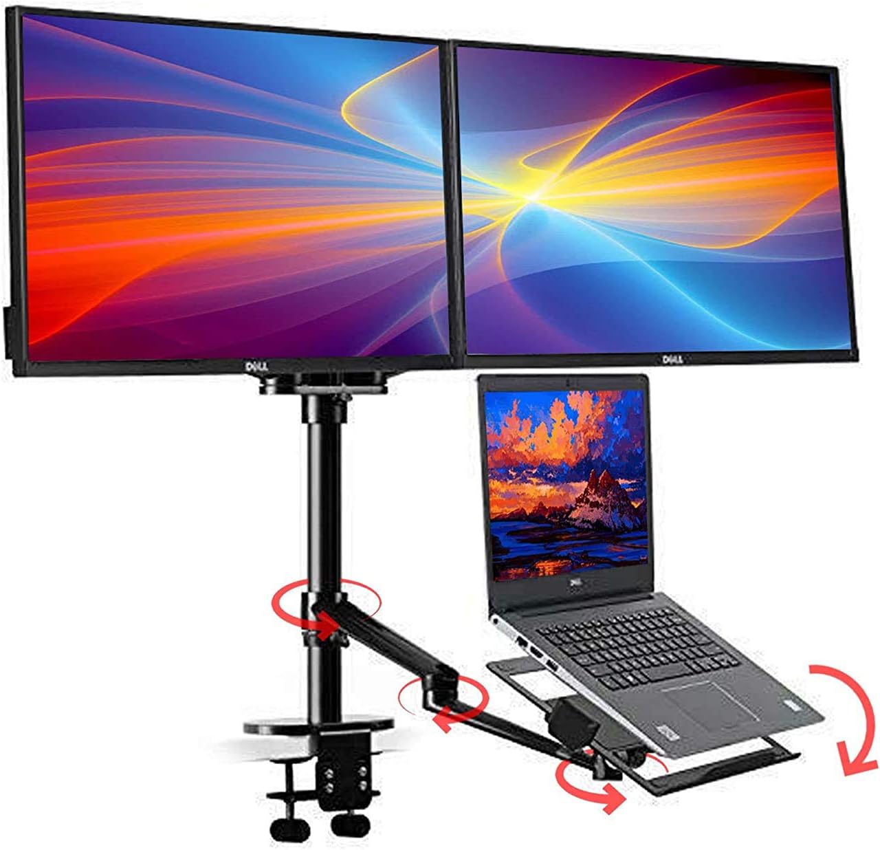 Height Adjustable 3 in 1 Laptop Monitor Stand Compatible with 13 to 17.3 inch Laptop, Hold 2 Monitors 11 to 27 inch with Vesa, Monitor Desk Stand arm Riser Mount Stand Workstation (Black)