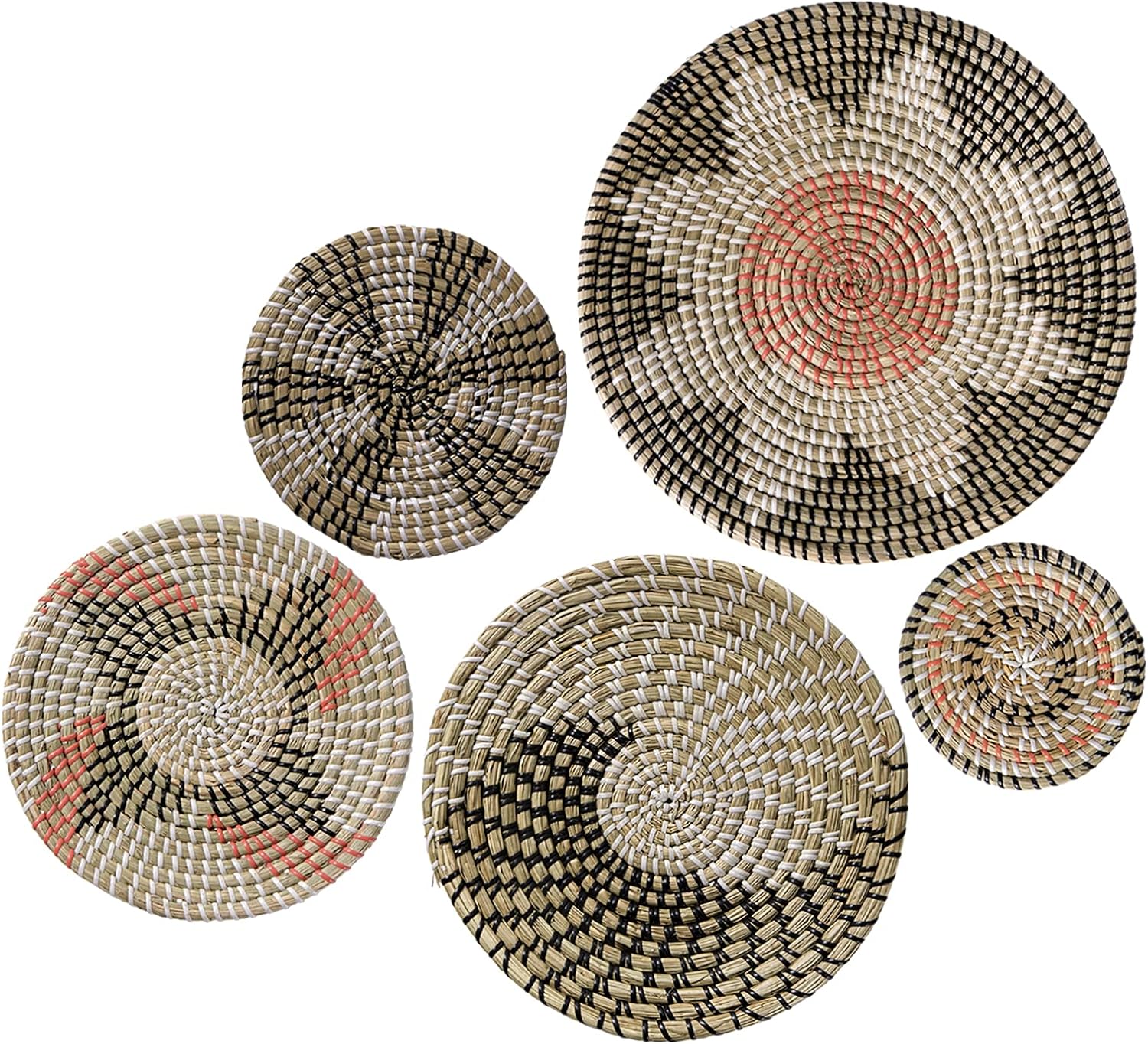 Yumkfoi 5 PCS Hanging Wall Basket Decor Set, Boho Woven Wall Baskets Decor with Hanging Hooks, Round Natural Seagrass Baskets Wall Home Decor Pack of 2