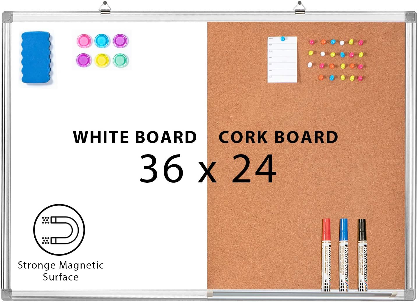 Combination Whiteboard Bulletin Cork Board 36x24 Combo White Board Magnetic Dry Erase Board + Corkboard for Homeschooling, Office, Classroom Hanging Message Board Wall Mounted Pack of 2